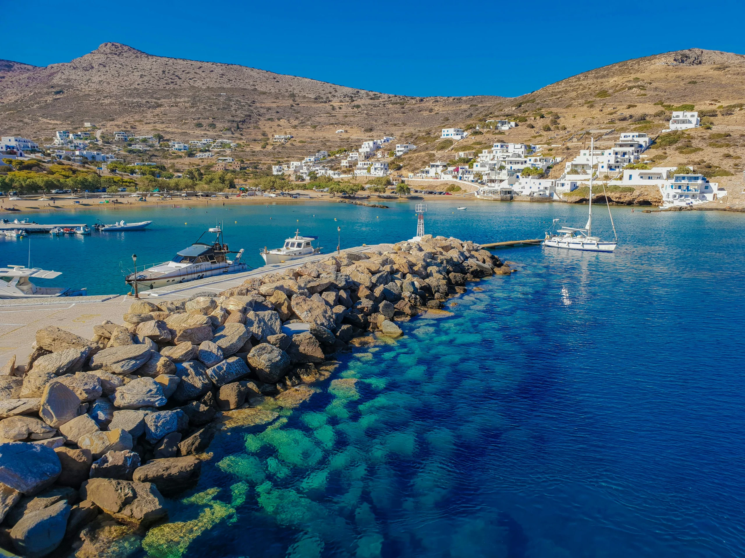 Scenic View of Greek Island Harbor and Coastline