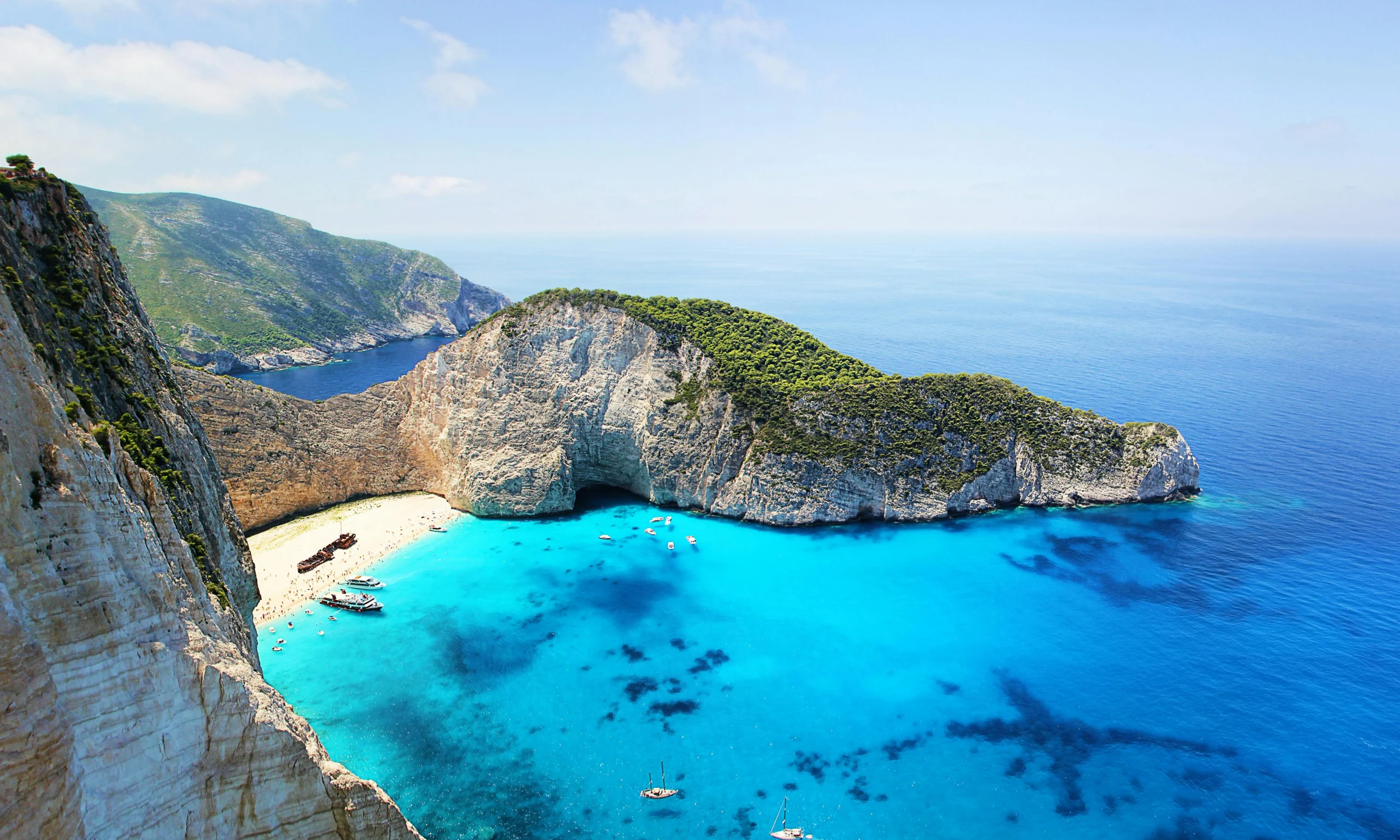 aerial of crystal-clear waters in Zakynthos, Greece