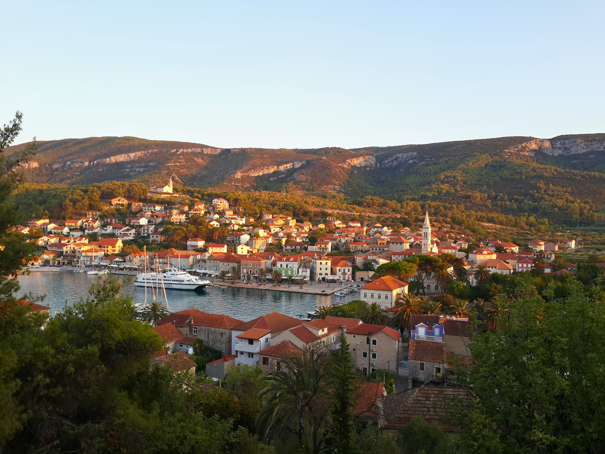 aerial of harbor at Stari Grad, Croatia