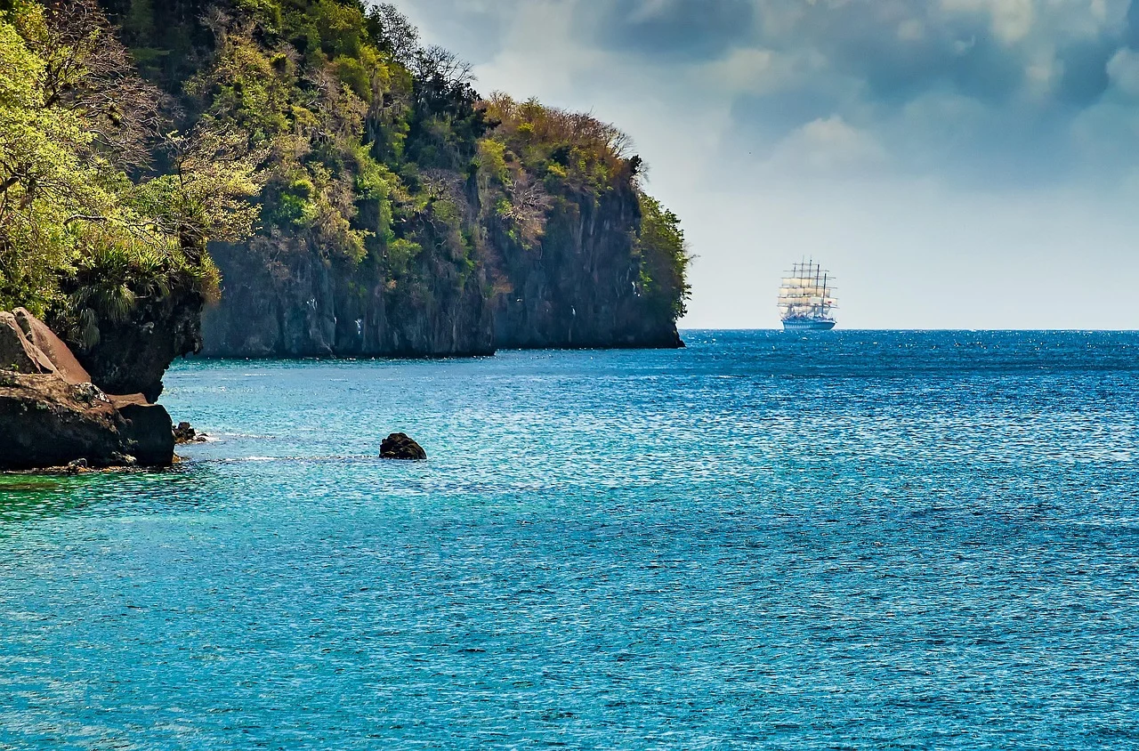 coastline and boat in the water at St. Vincent