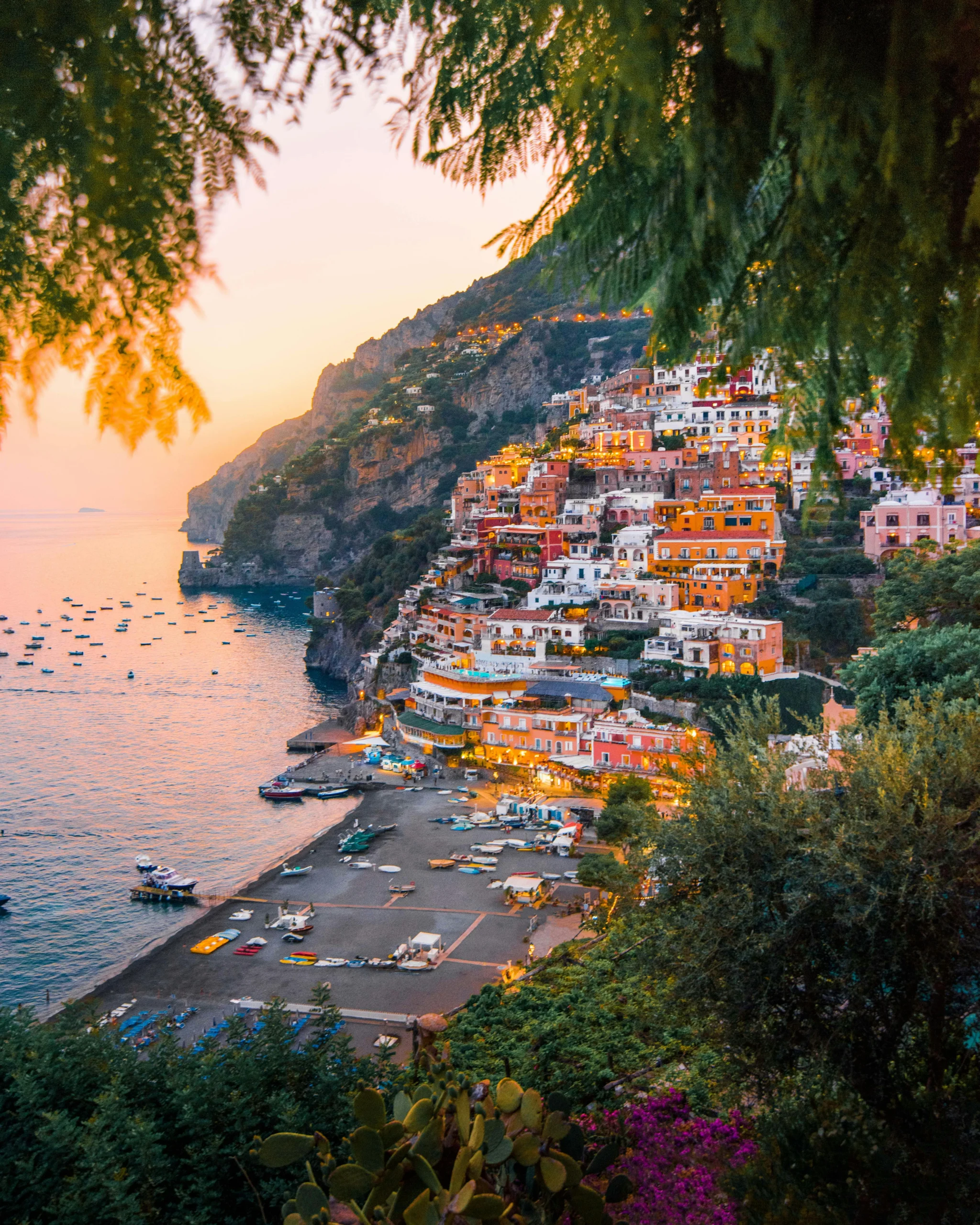sunset with foliage frame in amalfi coast