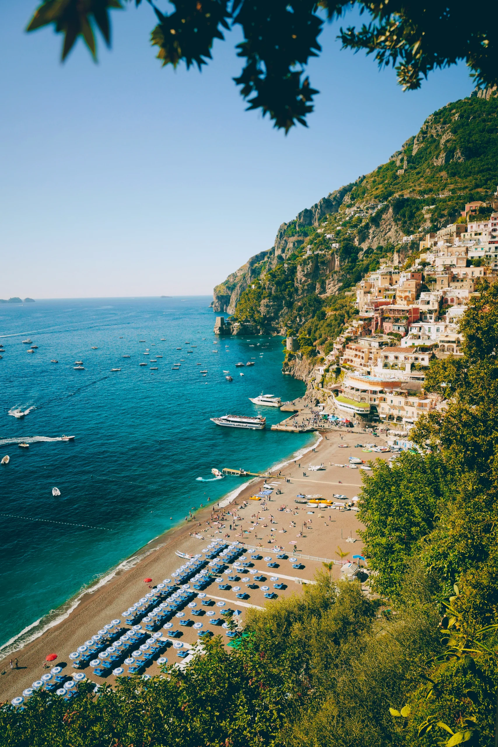 umbrellas dot the coastline in Amalfi Coast