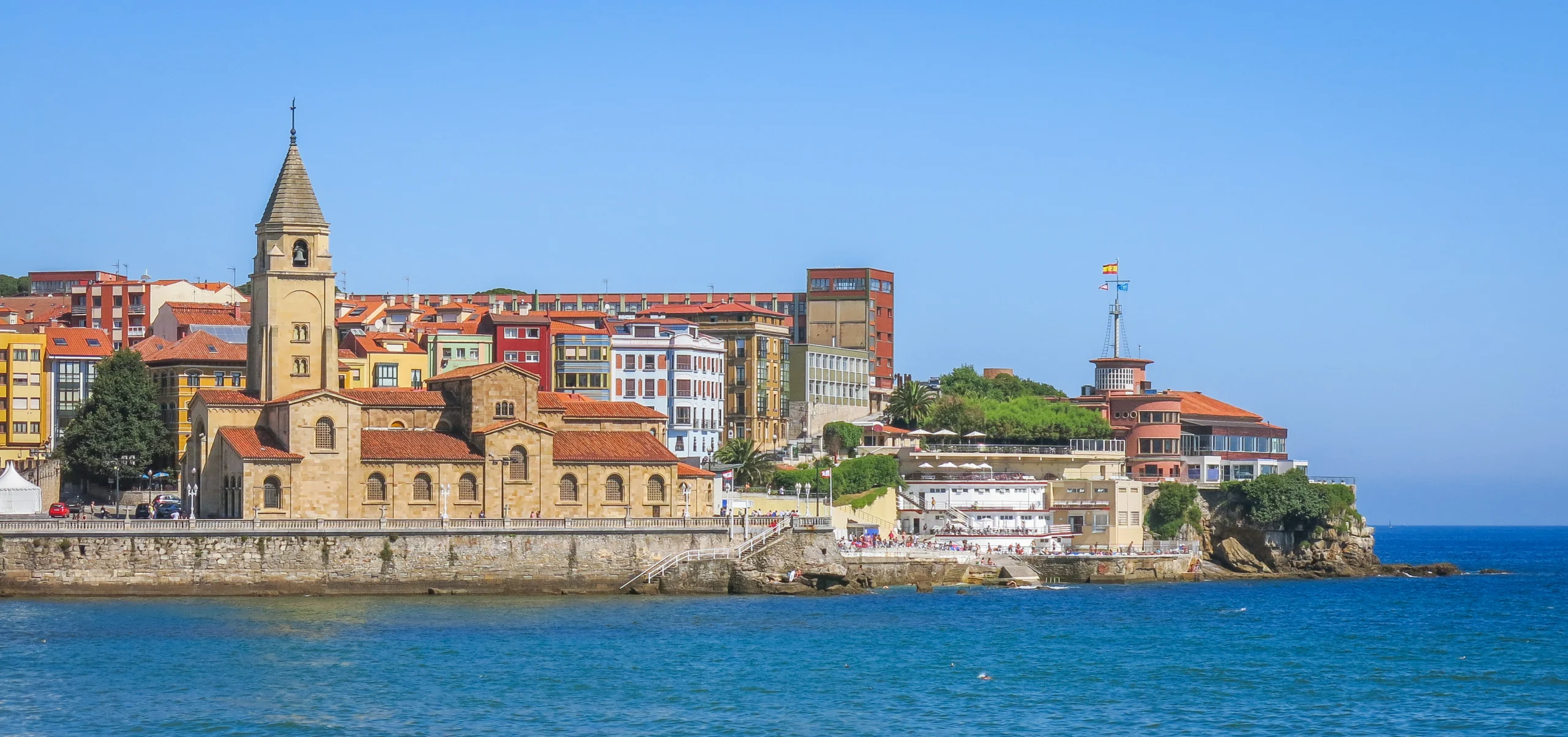 Panoramic view in Gijon with San Pedro Church, Asturias, northern Spain.