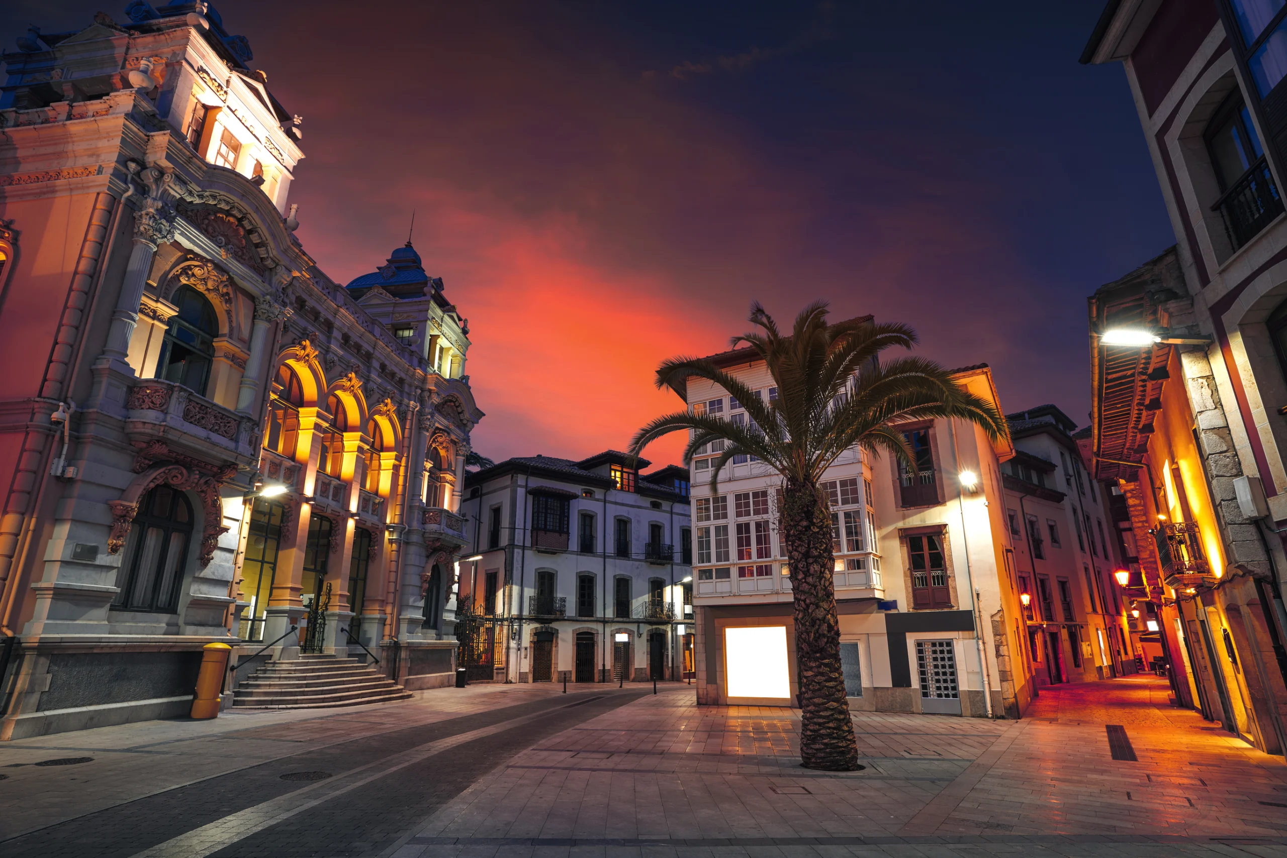 Llanes City town hall sunset in Asturias Spain. 