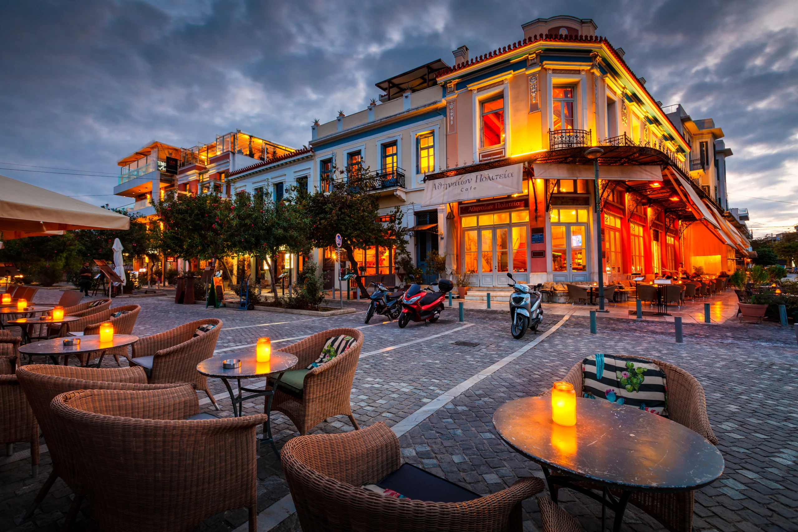 Coffee shops and bars in Thissio neighbourhood of Athens, Greece.