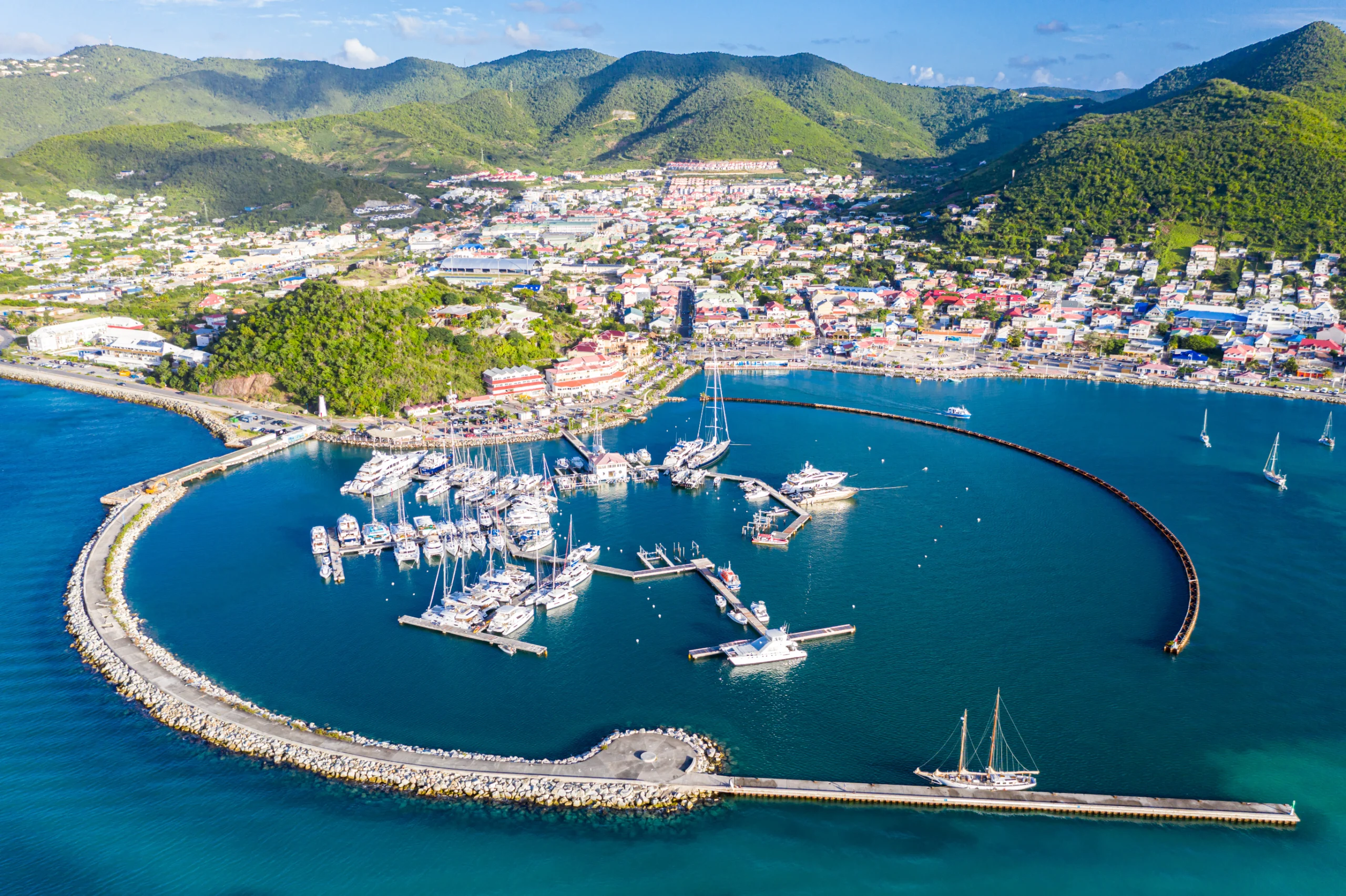 Arial view of Marigot, the main town and capital in the French Saint Martin.