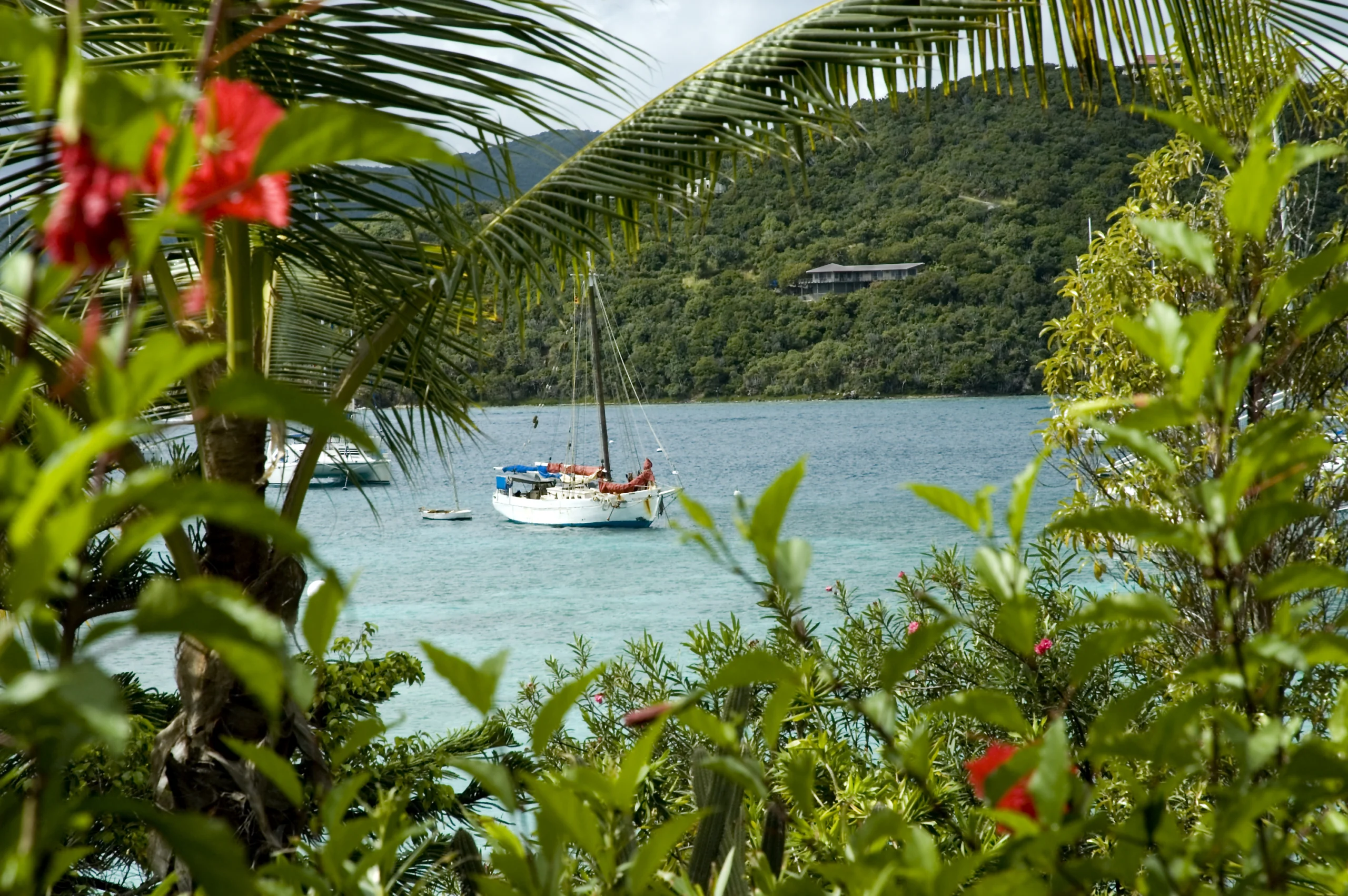 View from Marina Cay over the caribbean sea to Great Camanoe Island in the British Virgin Islands.
