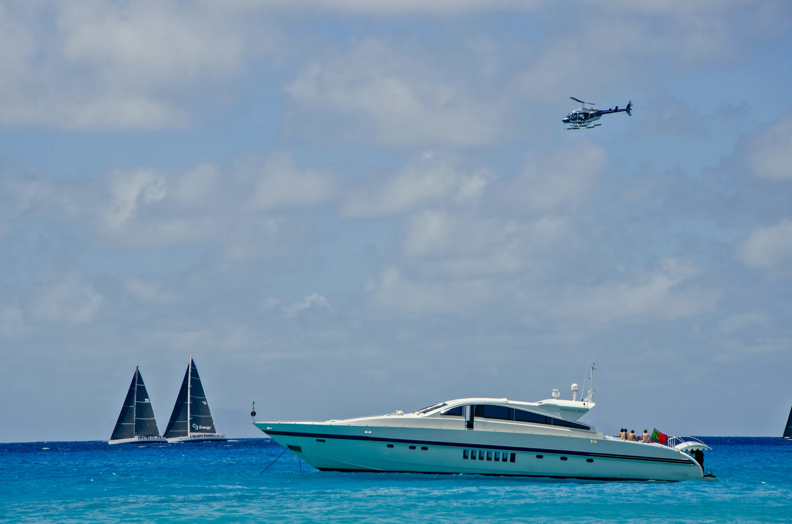 Panoramic of Colombier beach, sailing boats and regatta, St Barth, St. Barths, Saint Barthelemy, French West Indies, French Antilles, Caribbean Sea.