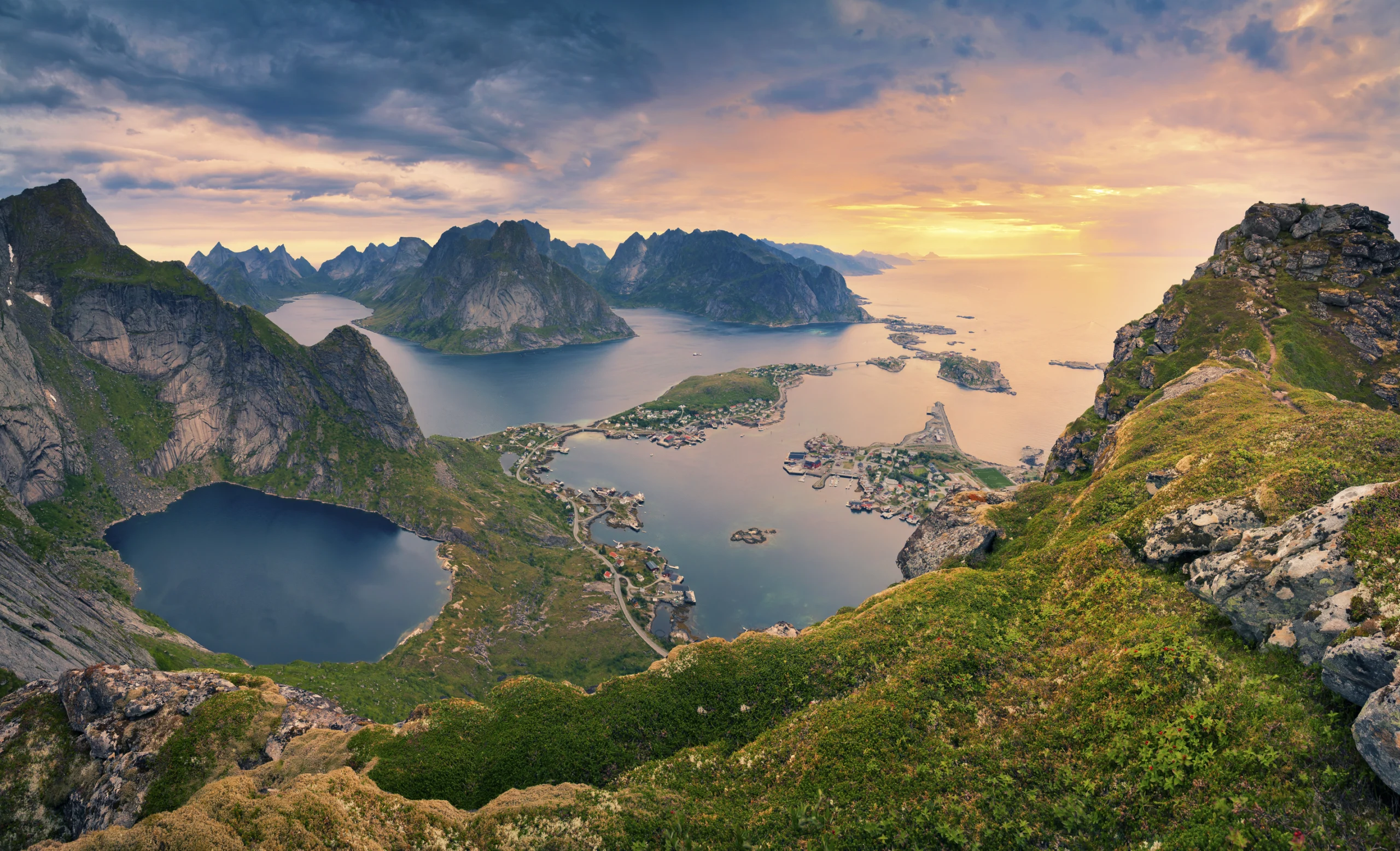 Norway. View from Reinebringen at Lofoten Islands, located in Norway, during summer sunrise.