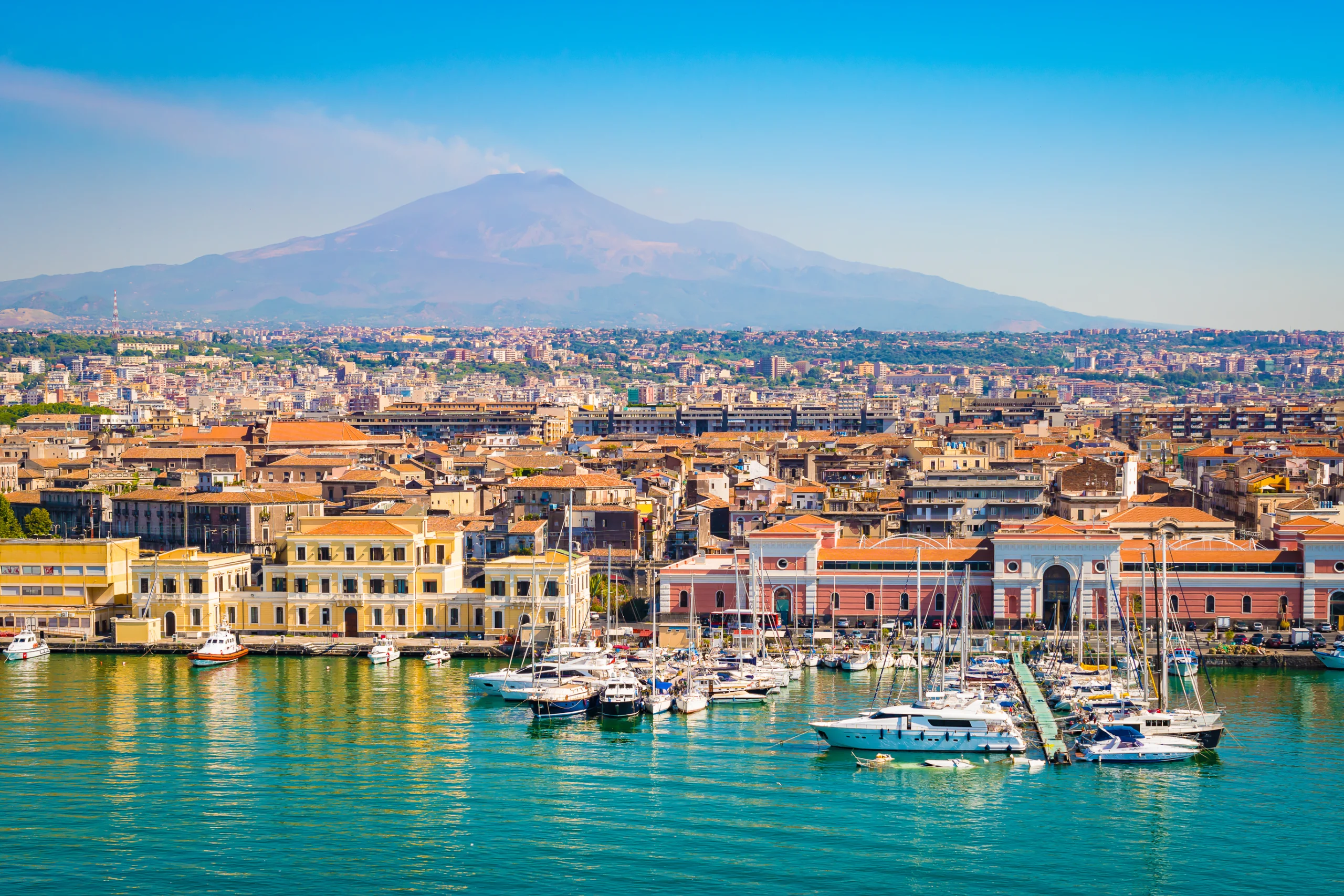 City and harbor view of Catania port, Sicily, Italy.