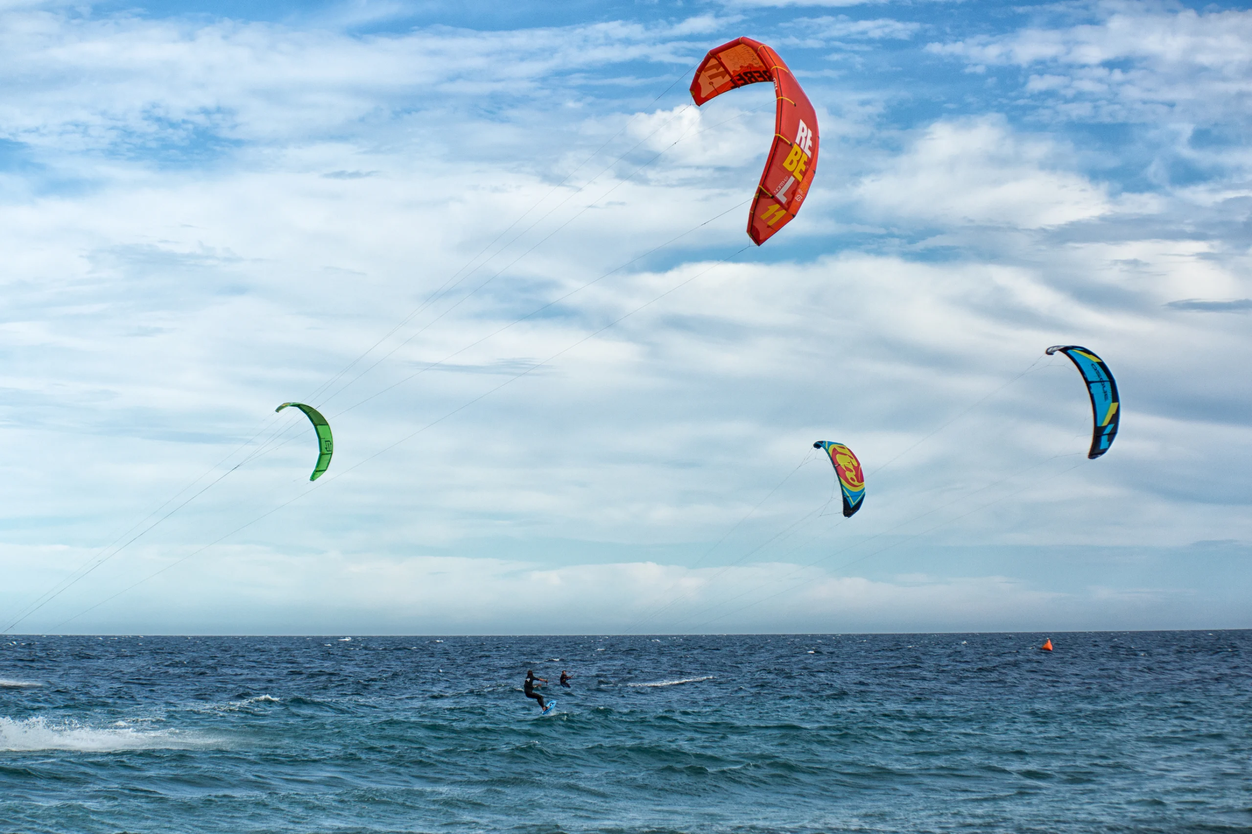 Los Barriles, Mexico: kite boarders on the sea at the `Lord of the Wind` kite surf competition.