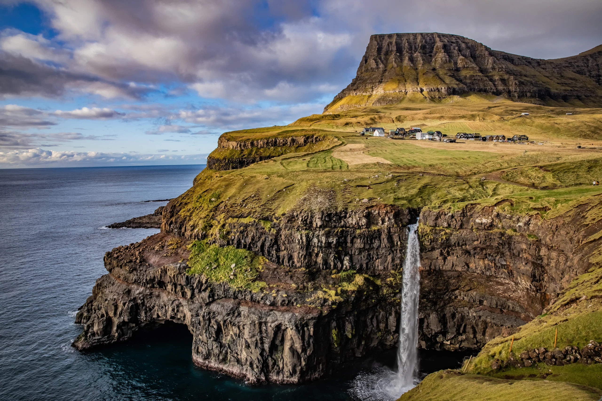 Faroe Islands, Beautiful view at islands, Vagar, Gasadalur Mulafossur Waterfall.