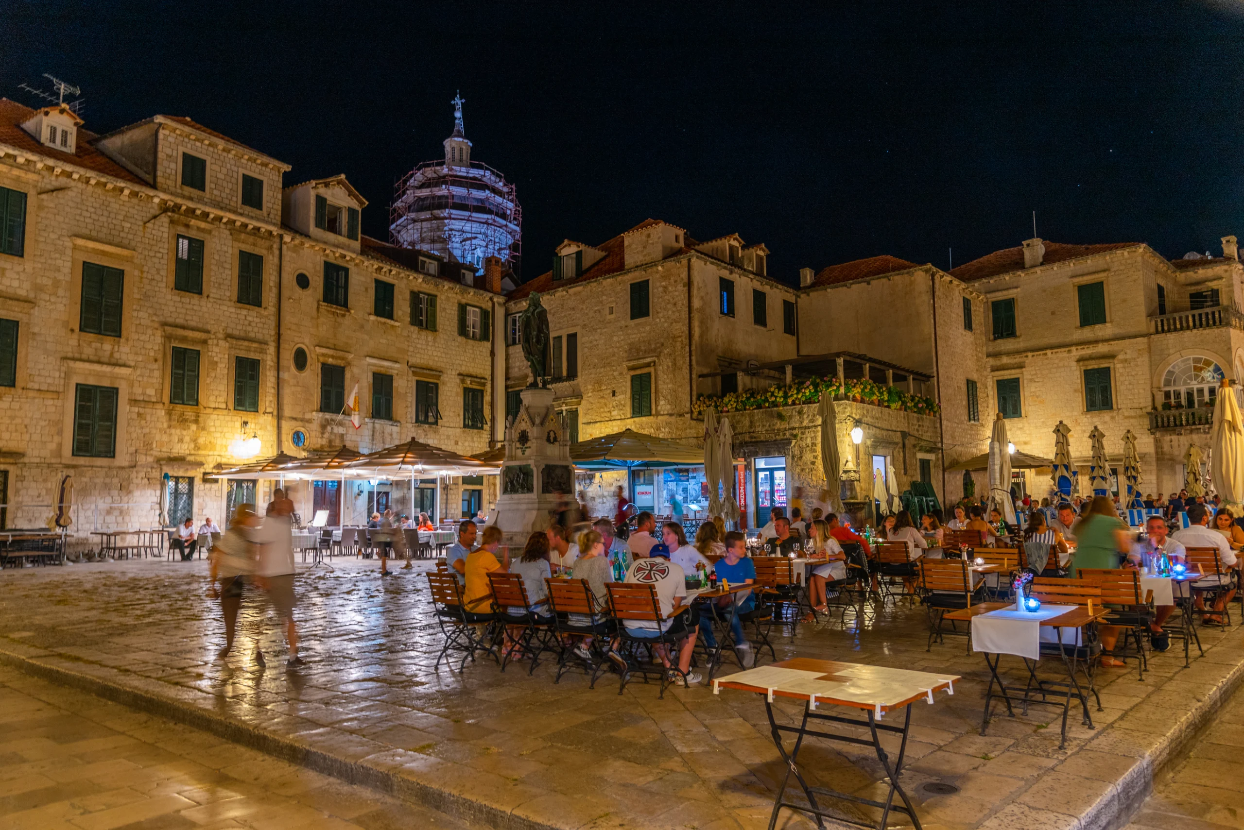 Night view of gunduliceva poljana square in the historical center of Dubrovnik, Croatia.