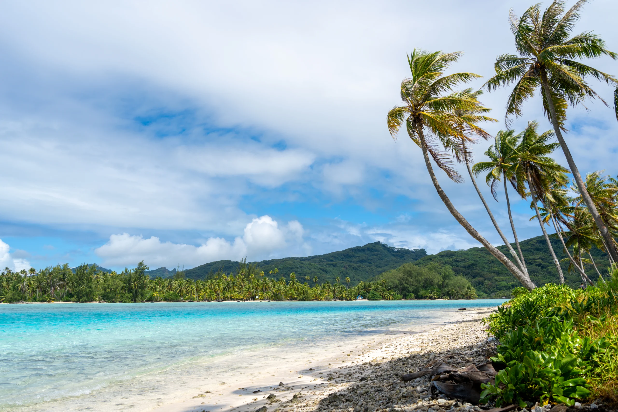White sand beach at Coral Garden, Huahine, French Polynesia