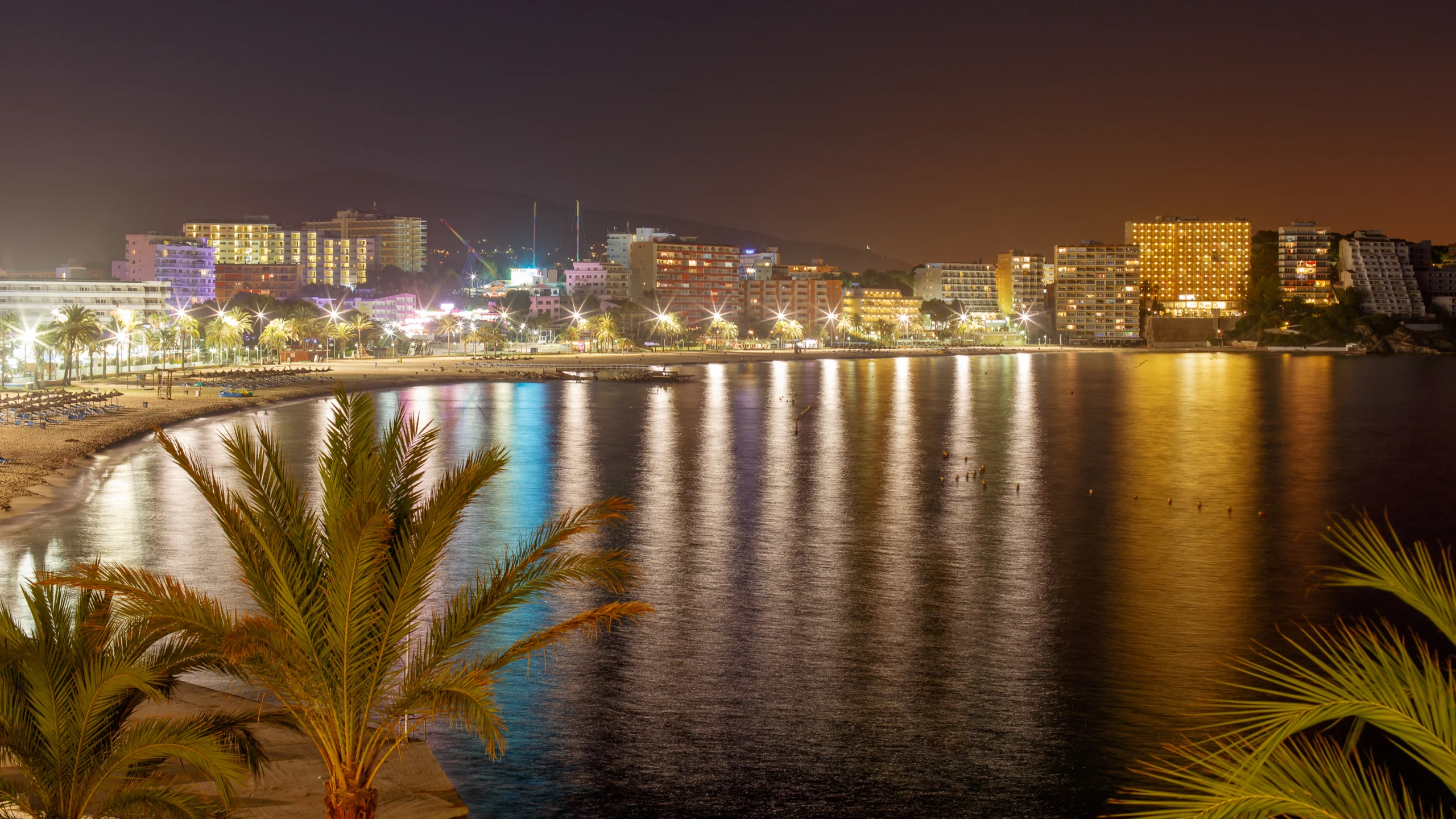 Nightly view on the City and beach of Magaluf on Mallorca Island.