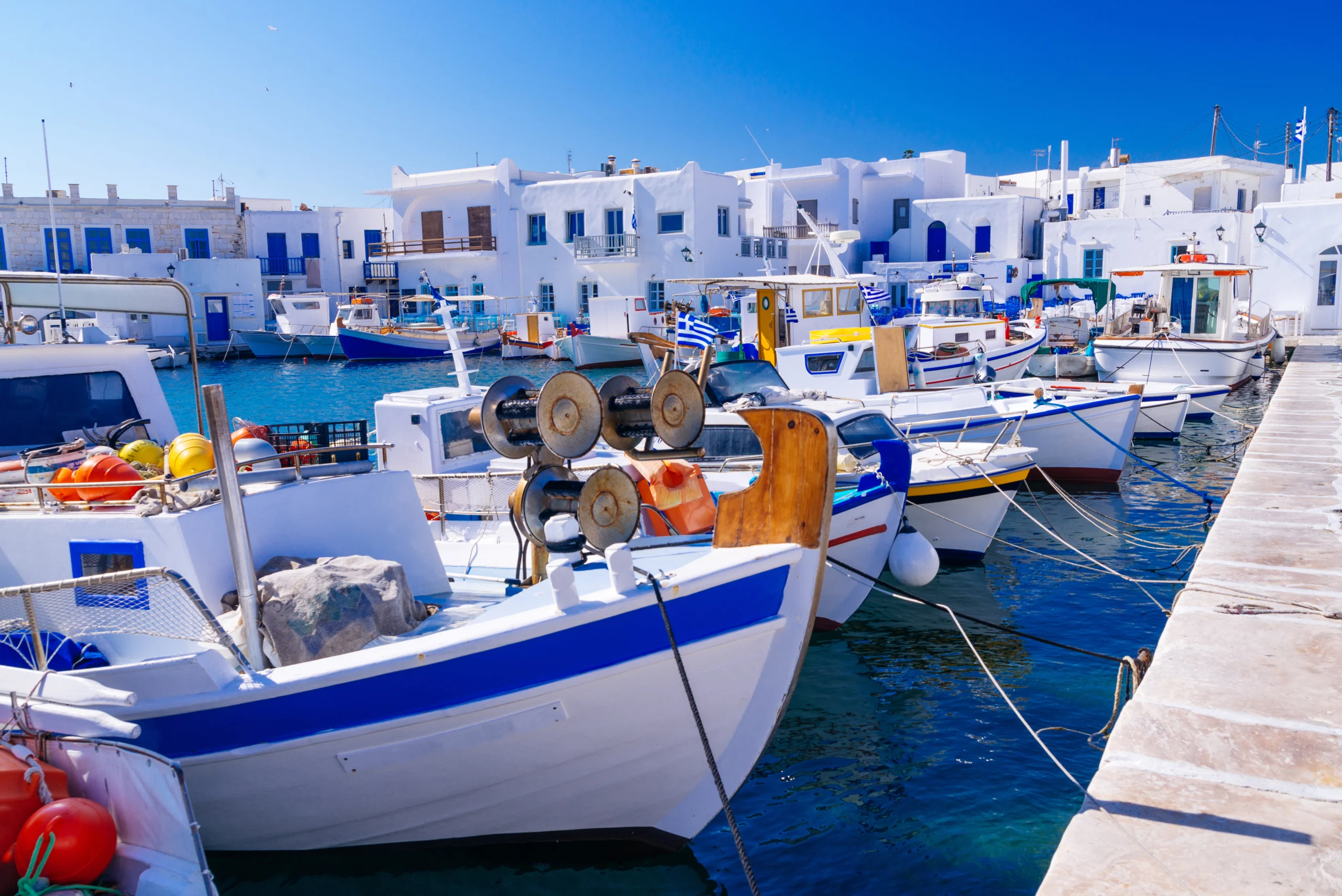 Beautiful famous traditional quaint fishing village of Naoussa, Paros island, Greece