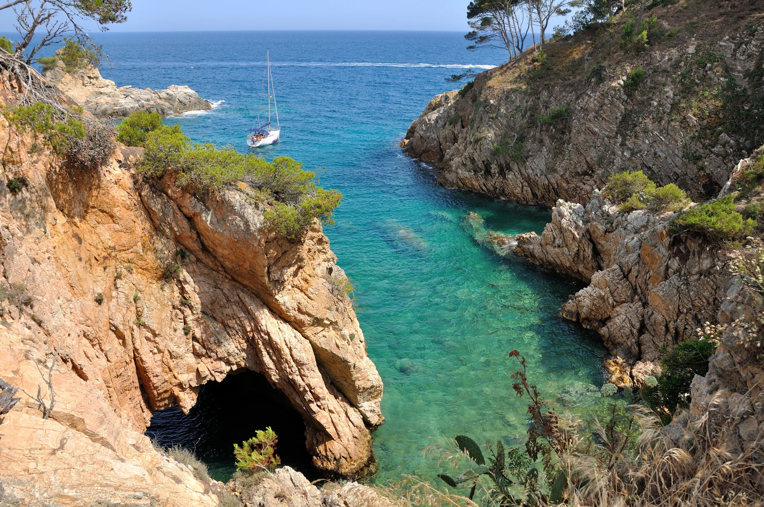  Beautiful view of the yacht in a bay near Palamos, Spain. Costa Brava