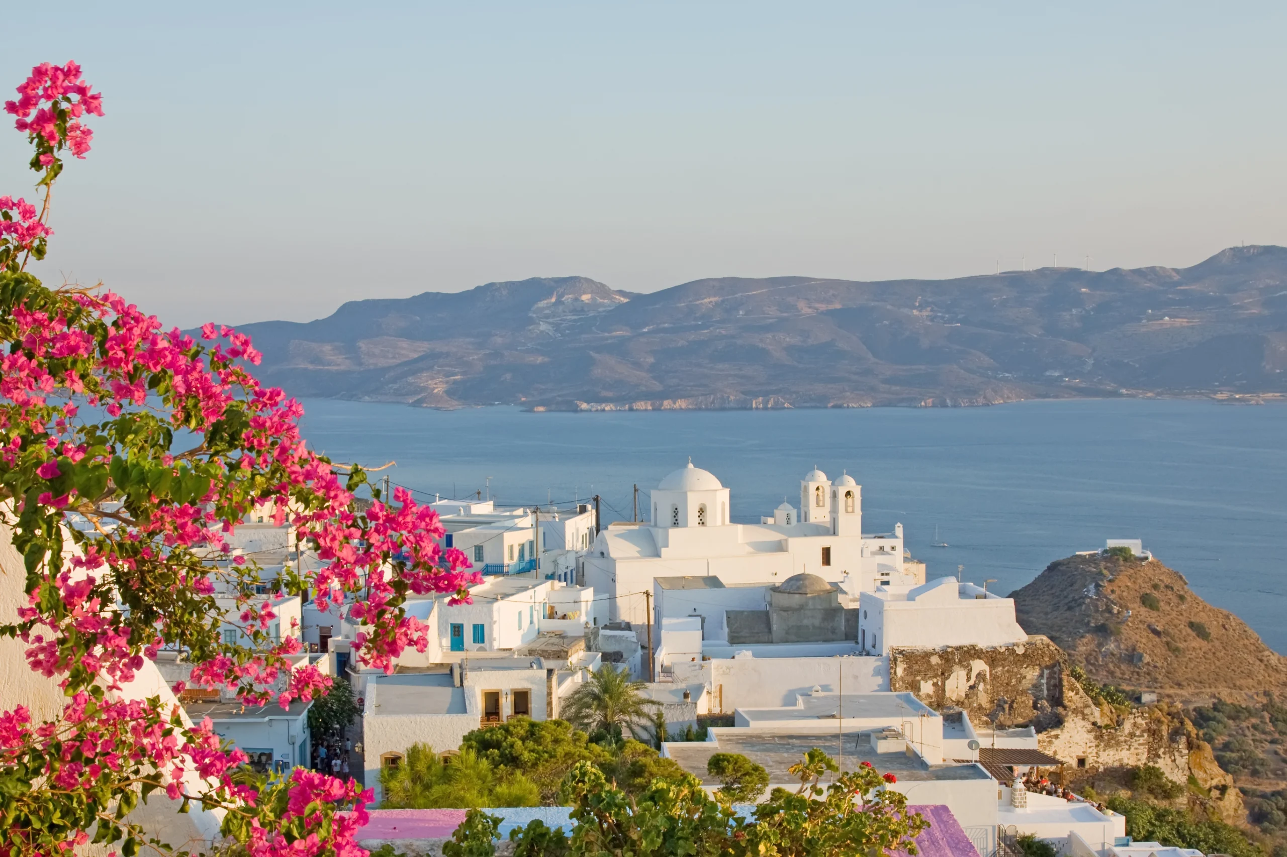 A view of the Plaka town from its castle region in Milos island, Greece