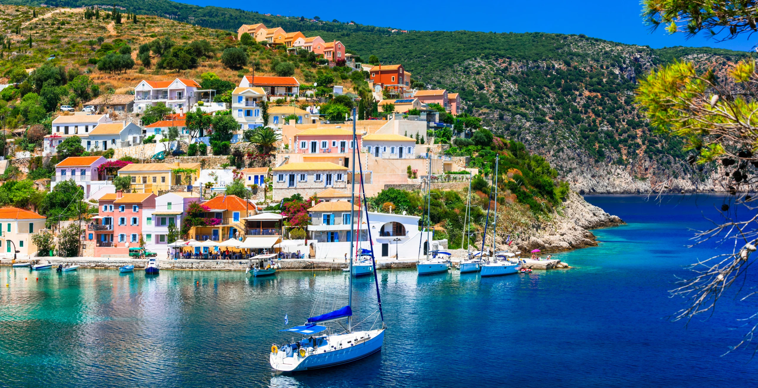 Picturesque Assos village,view with colorful houses and azure sea,Kefalonia island,Greece.