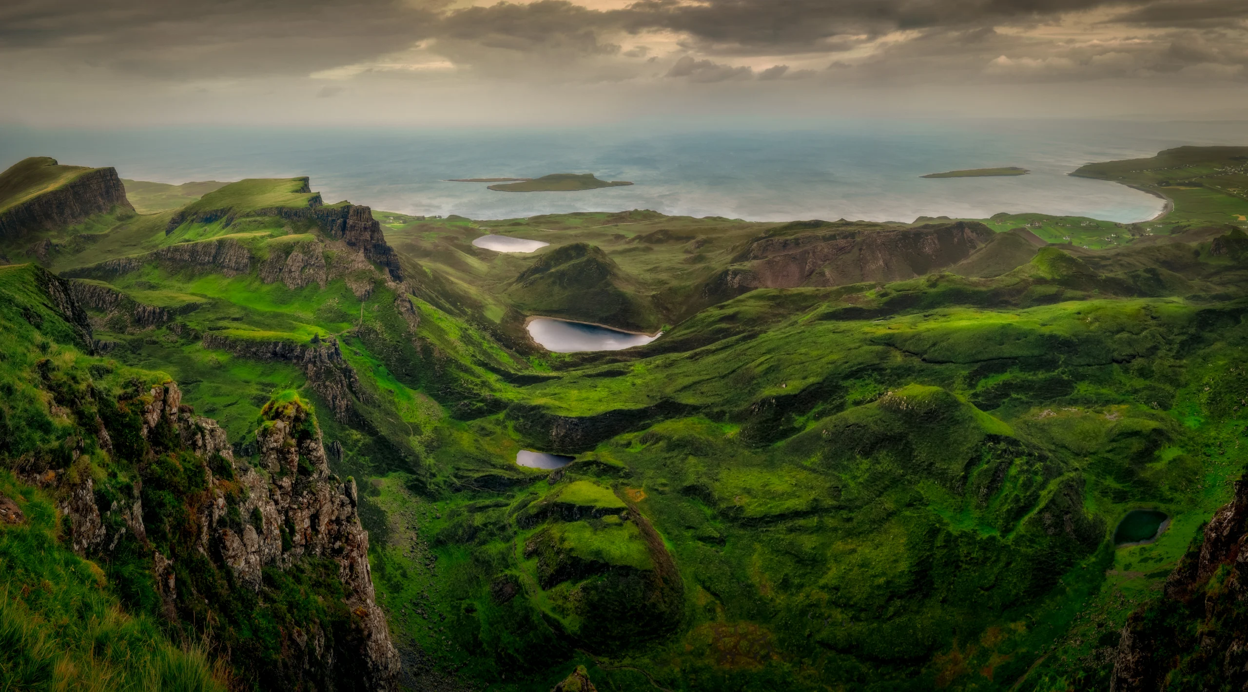 Panoramic landscape view of Quiraing coastline in Scottish highlands, Scotland, UK.