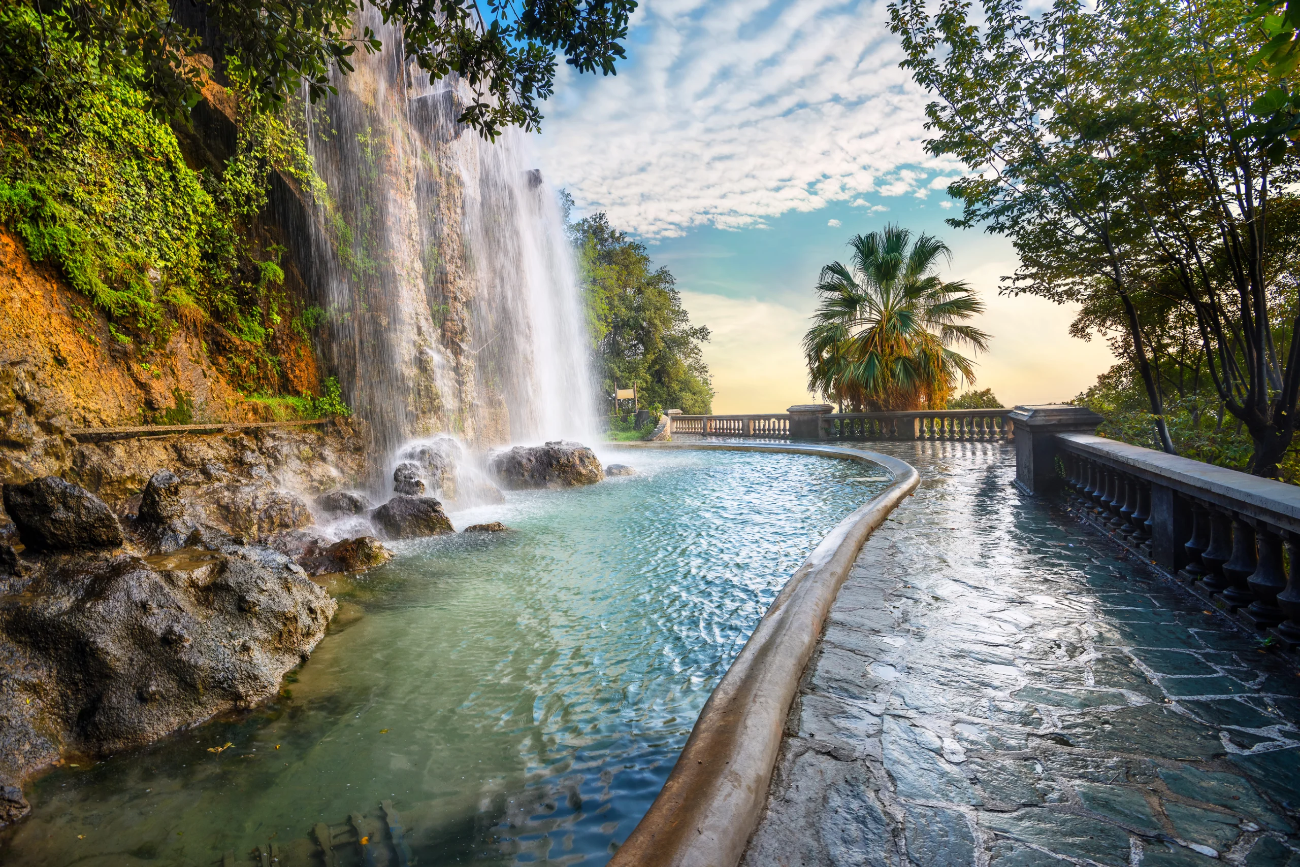 Waterfall in Parc de la Colline du Chateau, Nice, Cote d`Azur, France.
