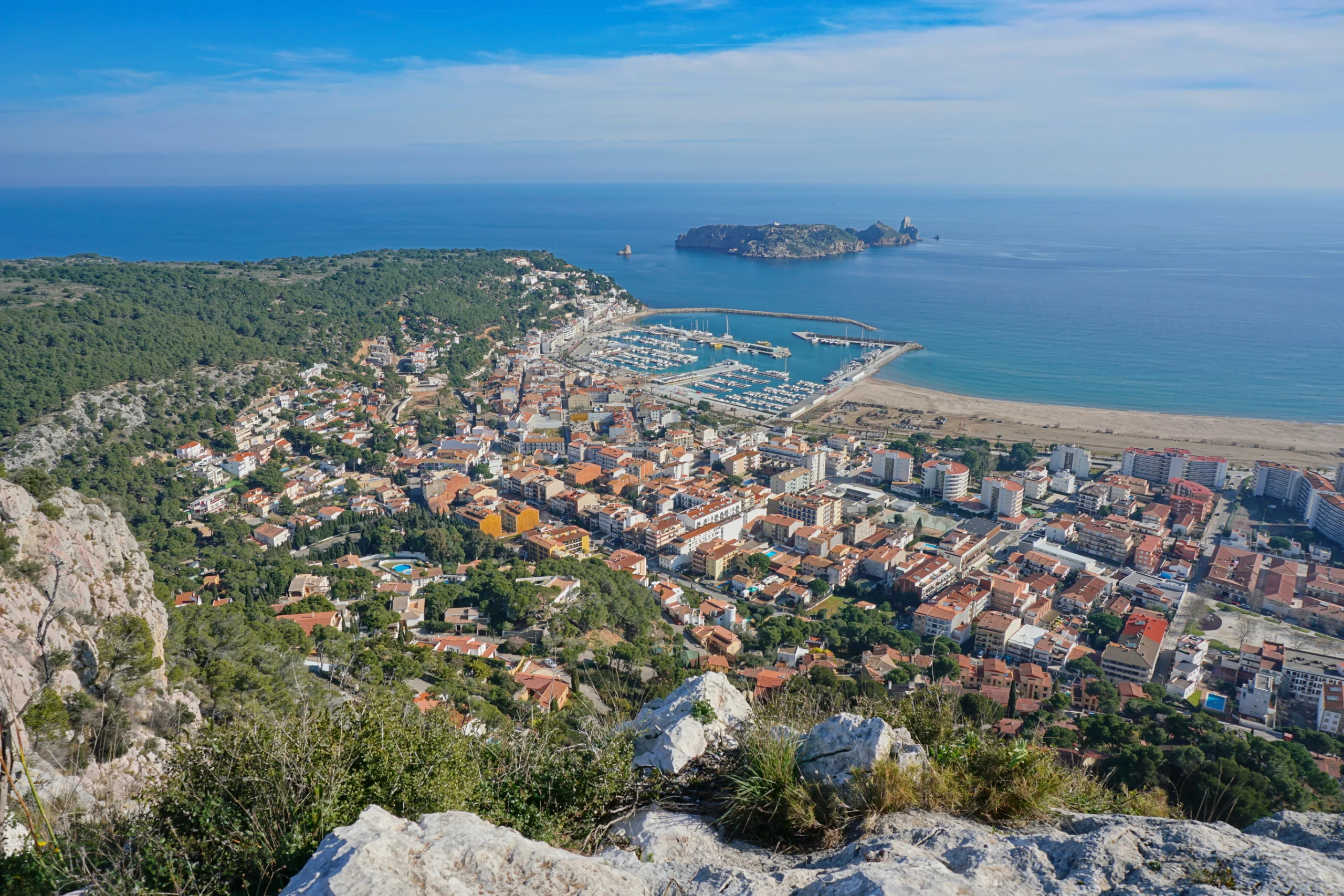 Spain view over the coastal town of l`Estartit with the Medes islands marine reserve, Costa Brava, Mediterranean sea, Catalonia