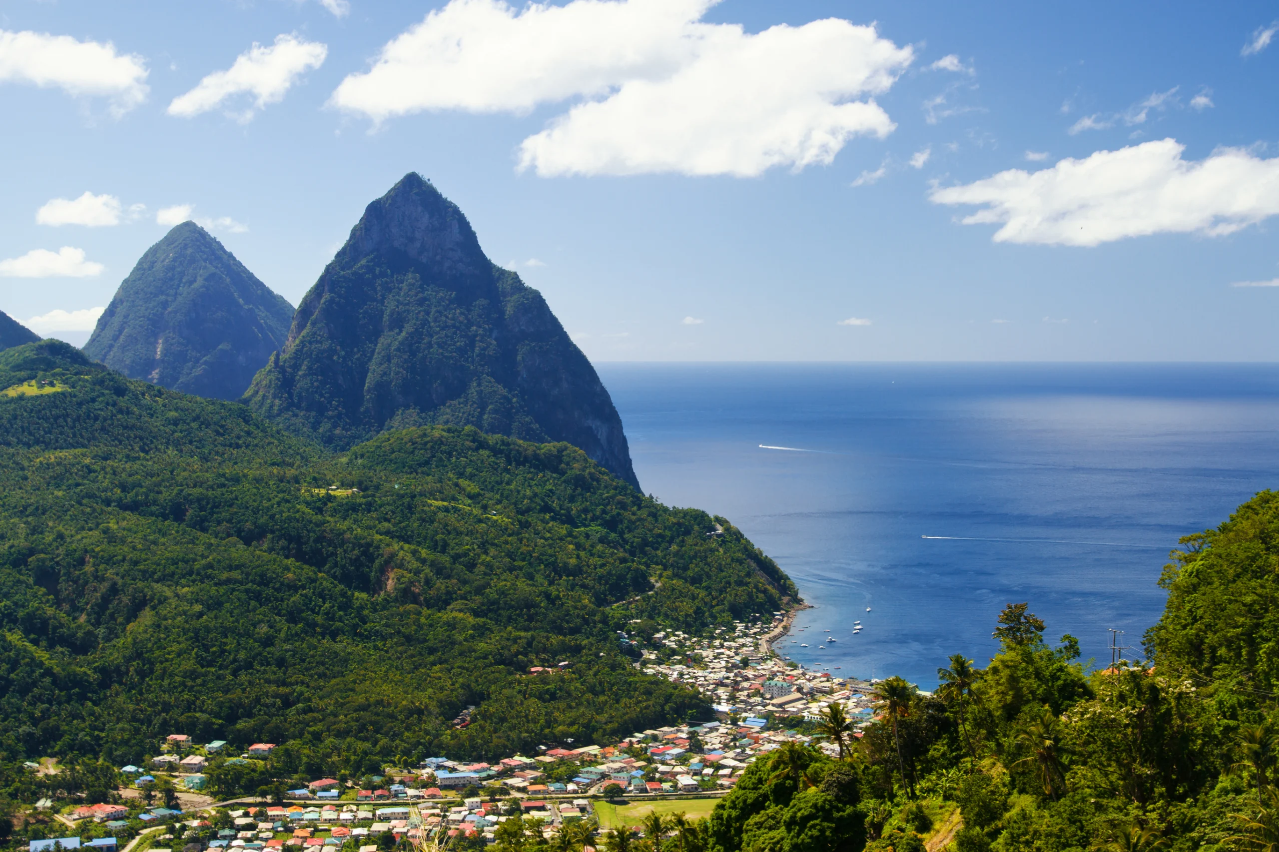 View of the famous Piton mountains in St Lucia.