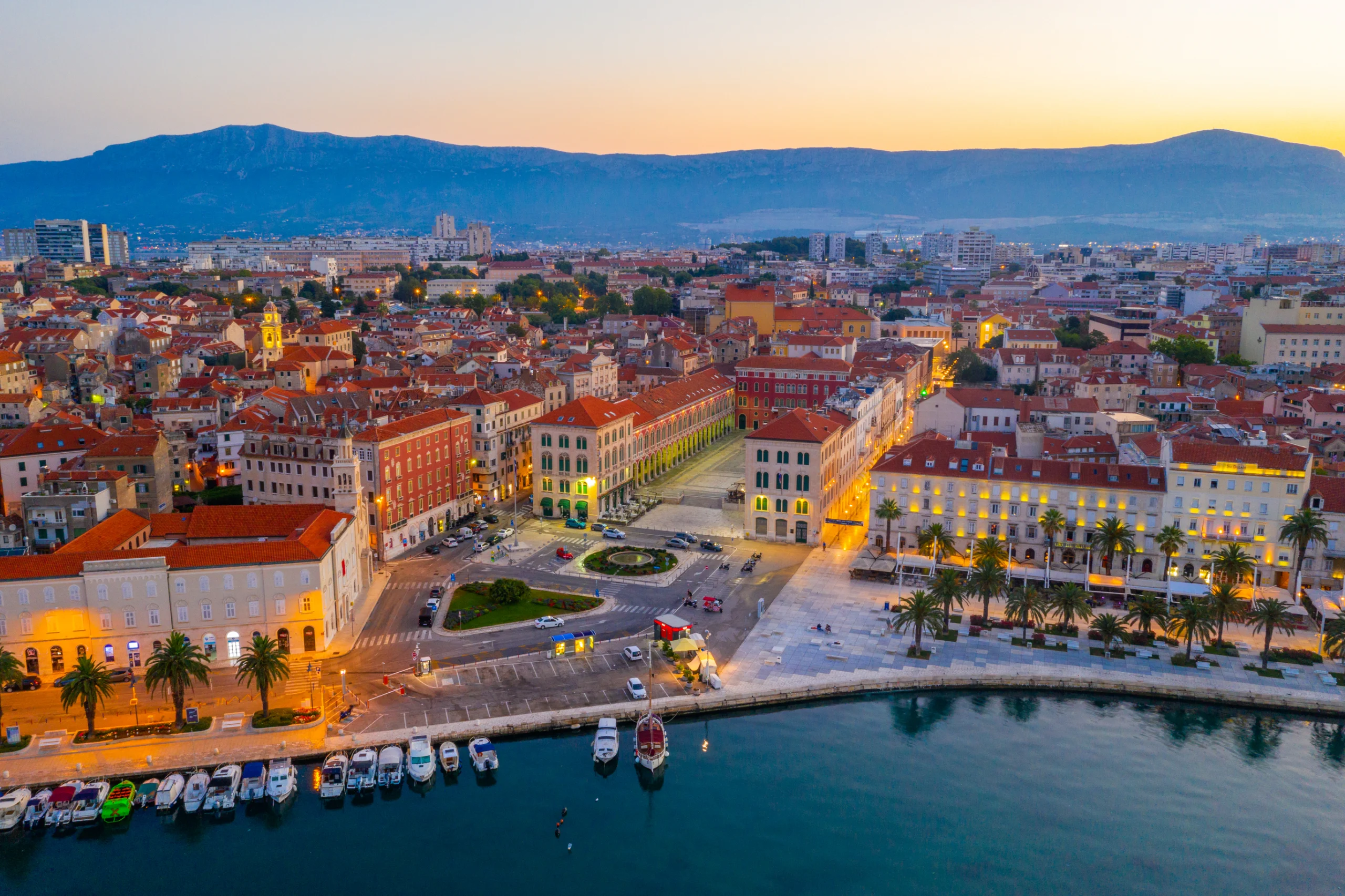 Night aerial view of the Republic square in Split, Croatia