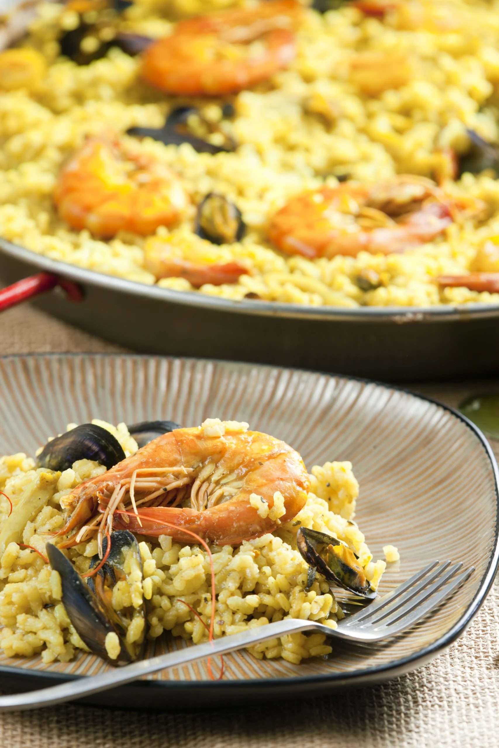 Still life of paella with seafood.