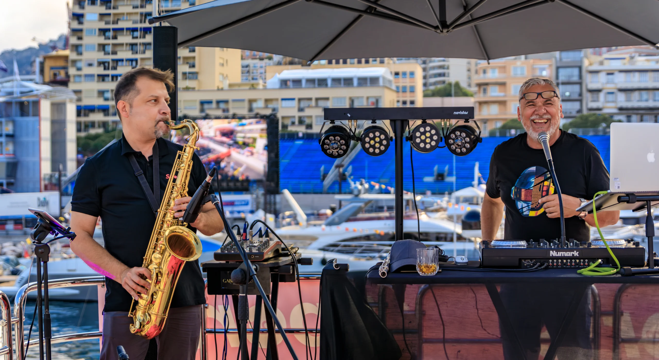 Musicians performing at yacht party in Monte Carlo.