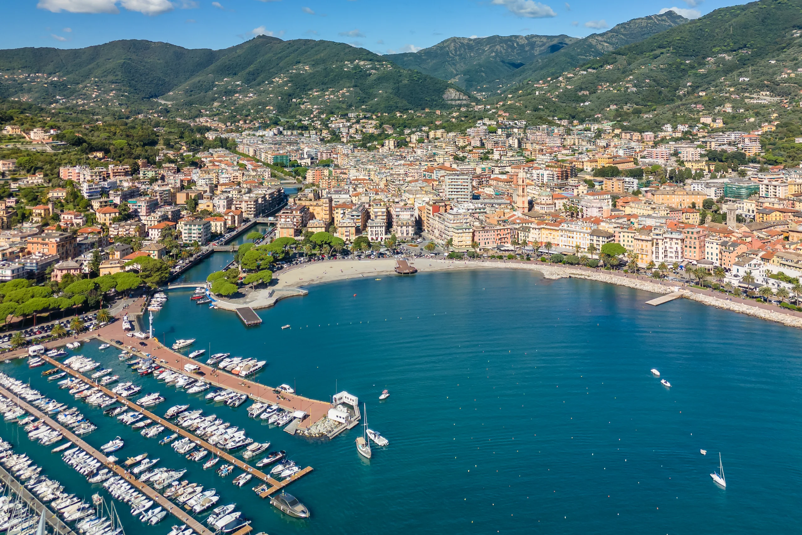 Aerial view of the picturesque resort town of Rapallo in Liguria, Italy