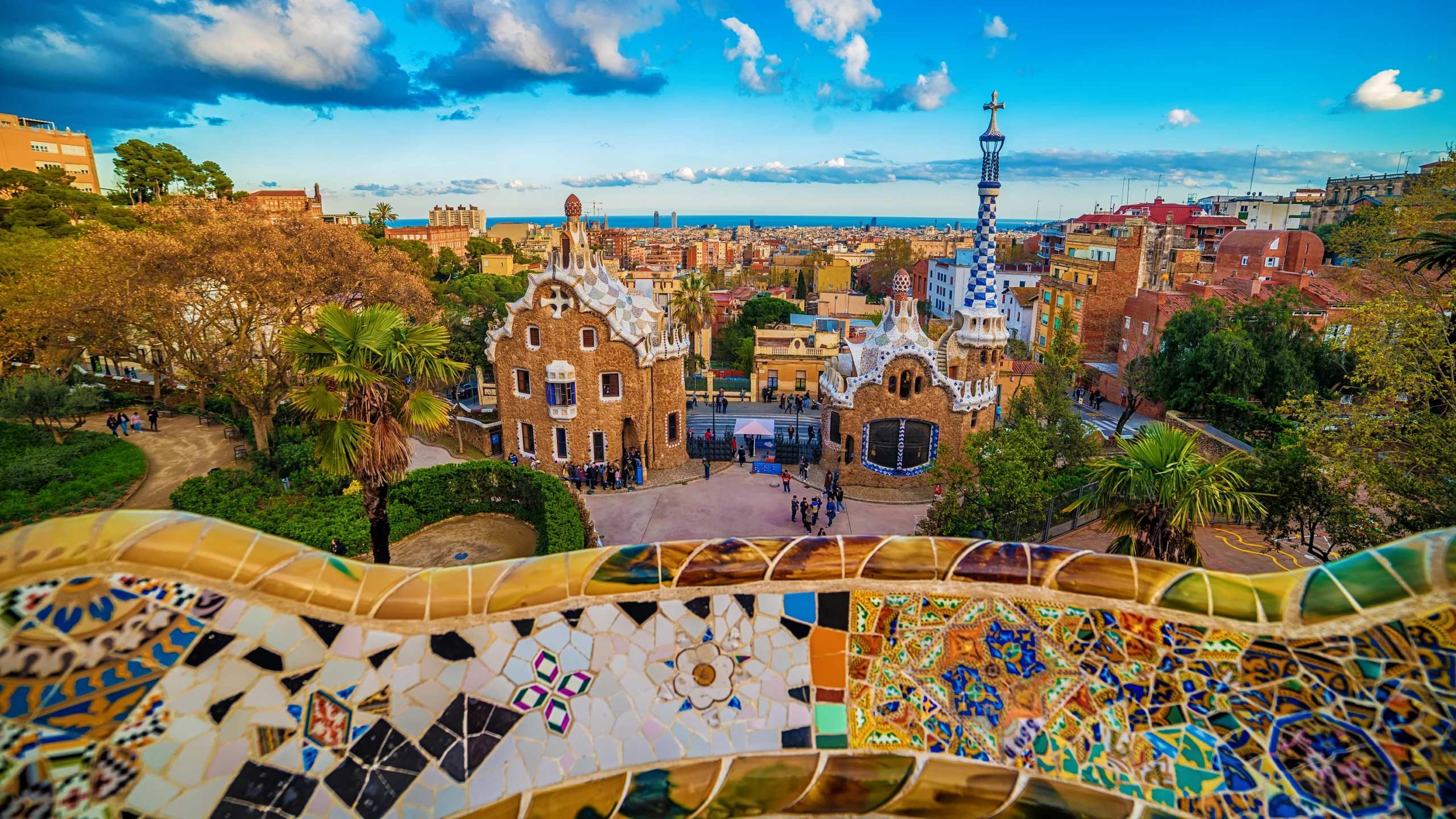 Barcelona, Catalonia, Spain: the Park Guell of Antoni Gaudi at sunset.