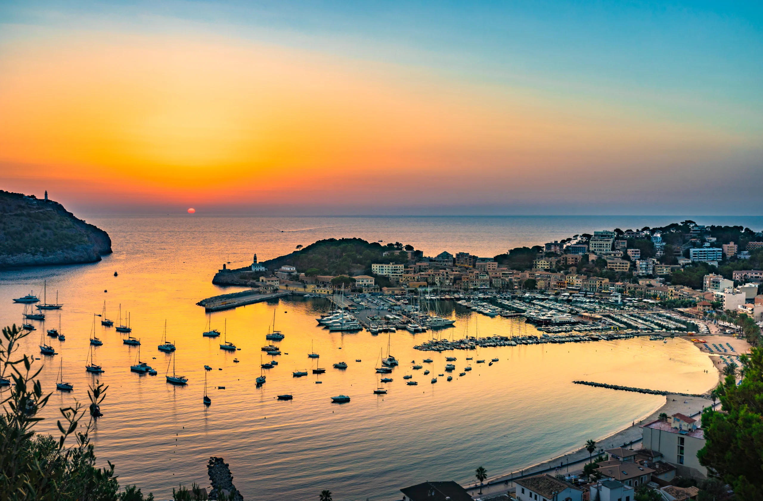 Sunset at Port de Soller on Majorca Spain.