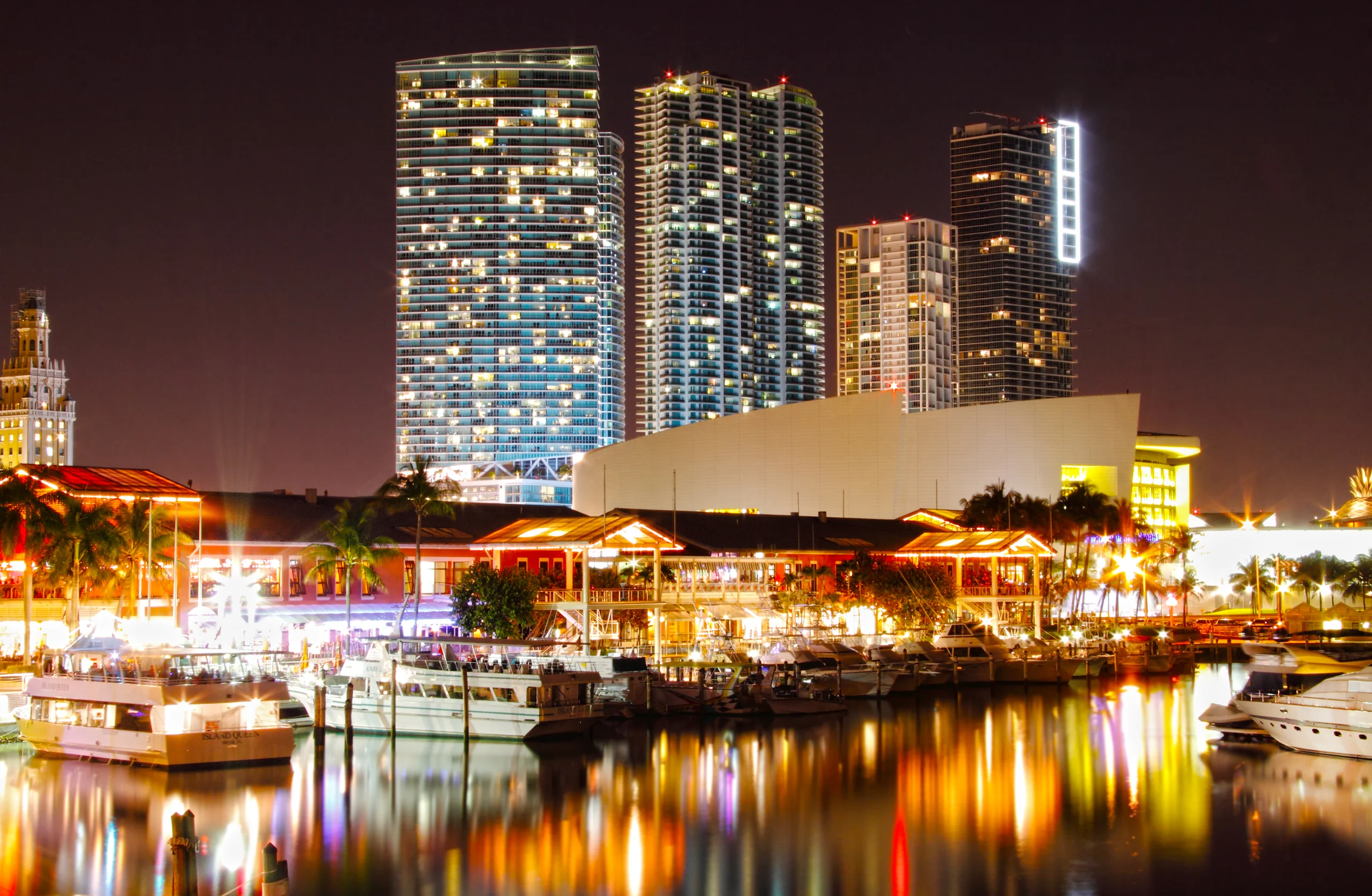 Miami, Florida at night around Bayside restaurants and bars
