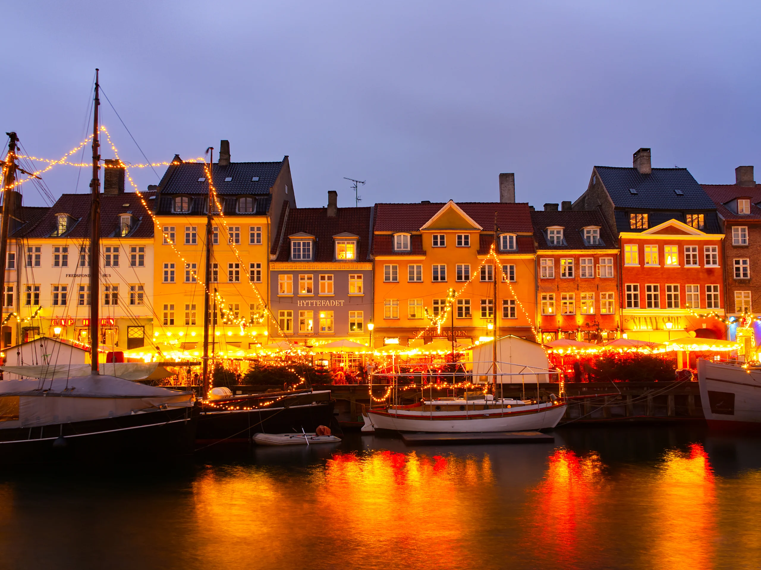 Nyhavn canal in Christmas lights, Copenhagen