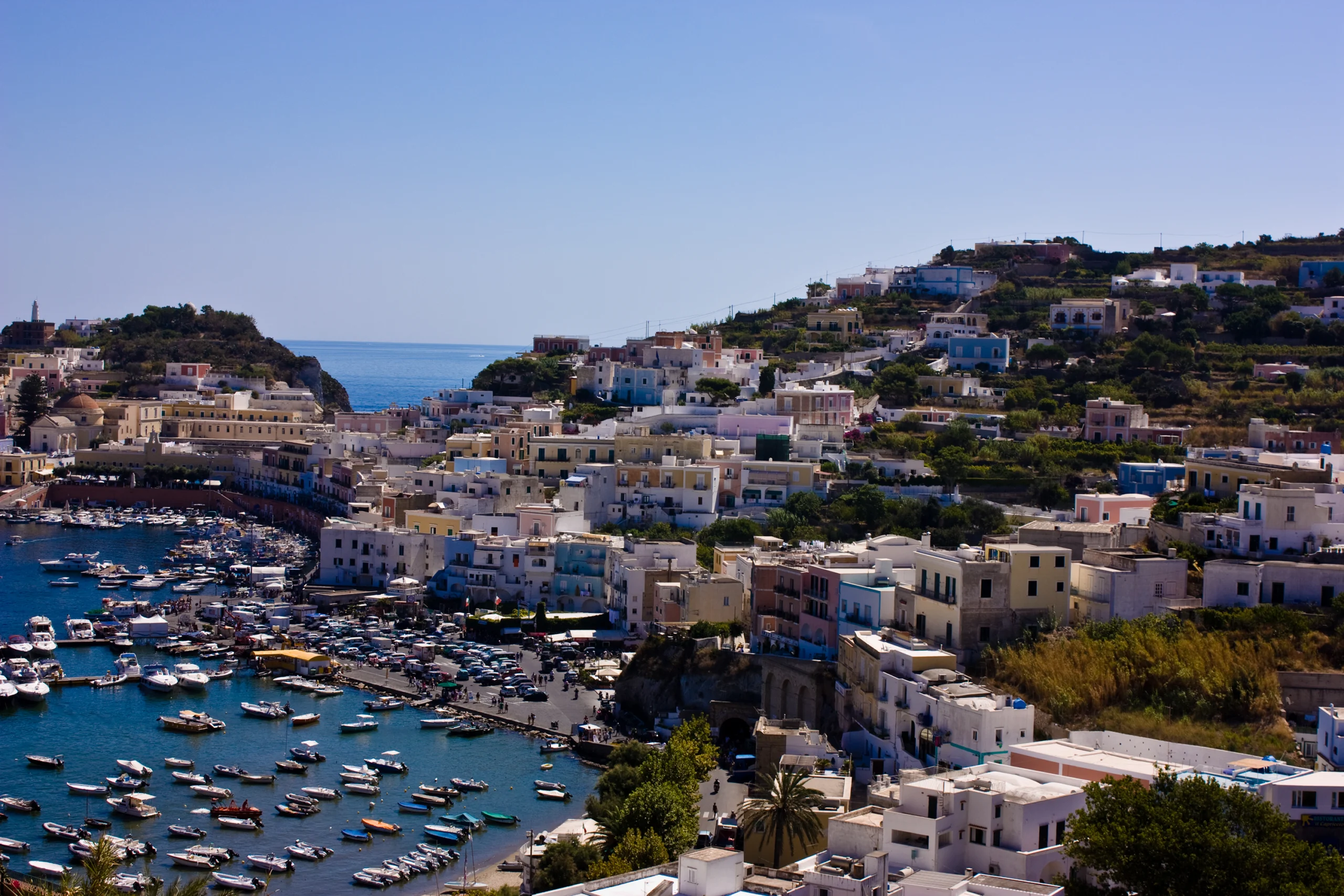 View at Ponza harbor with boats, Italy