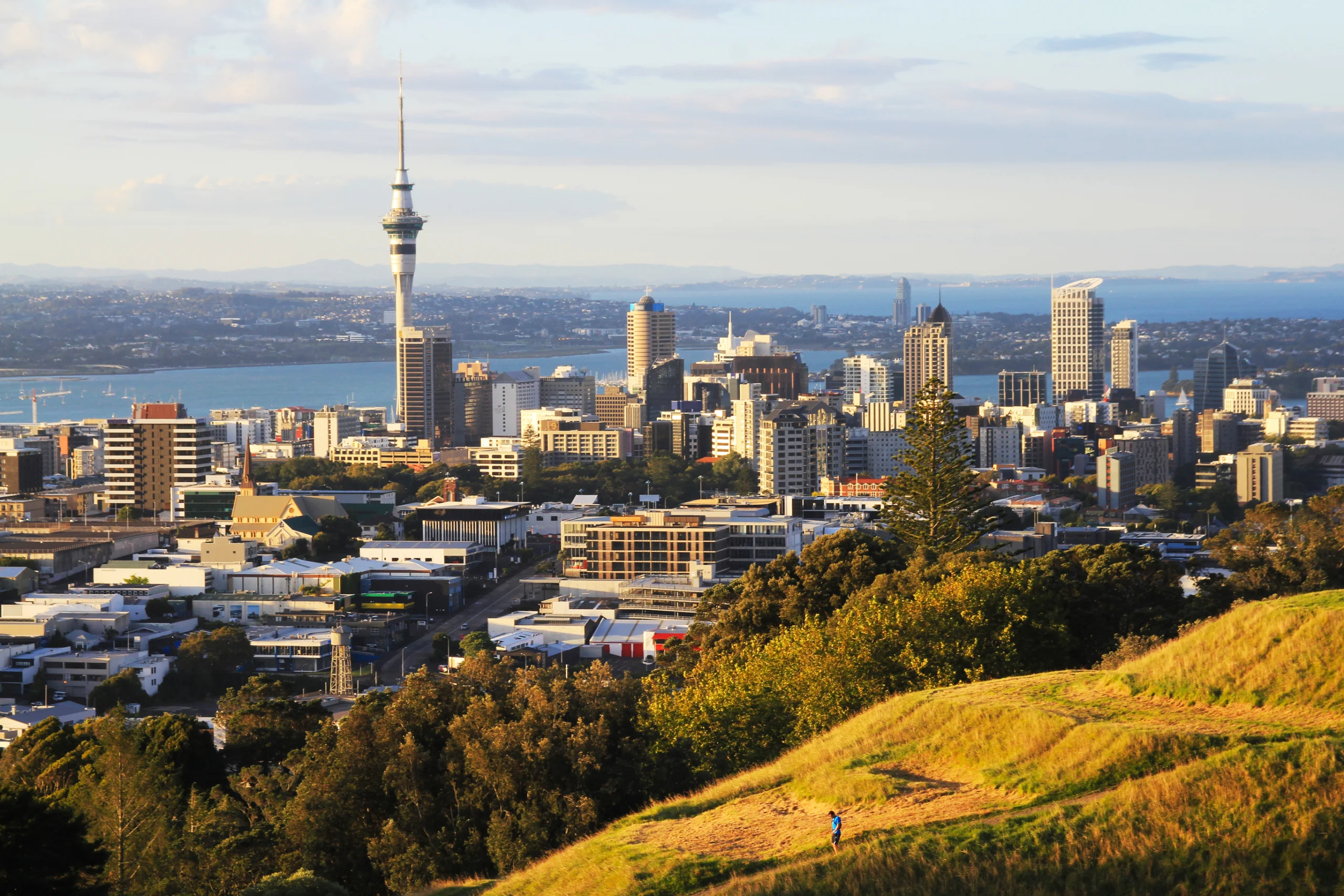 View to Auckland City New Zealand from Mt Eden at sunset time