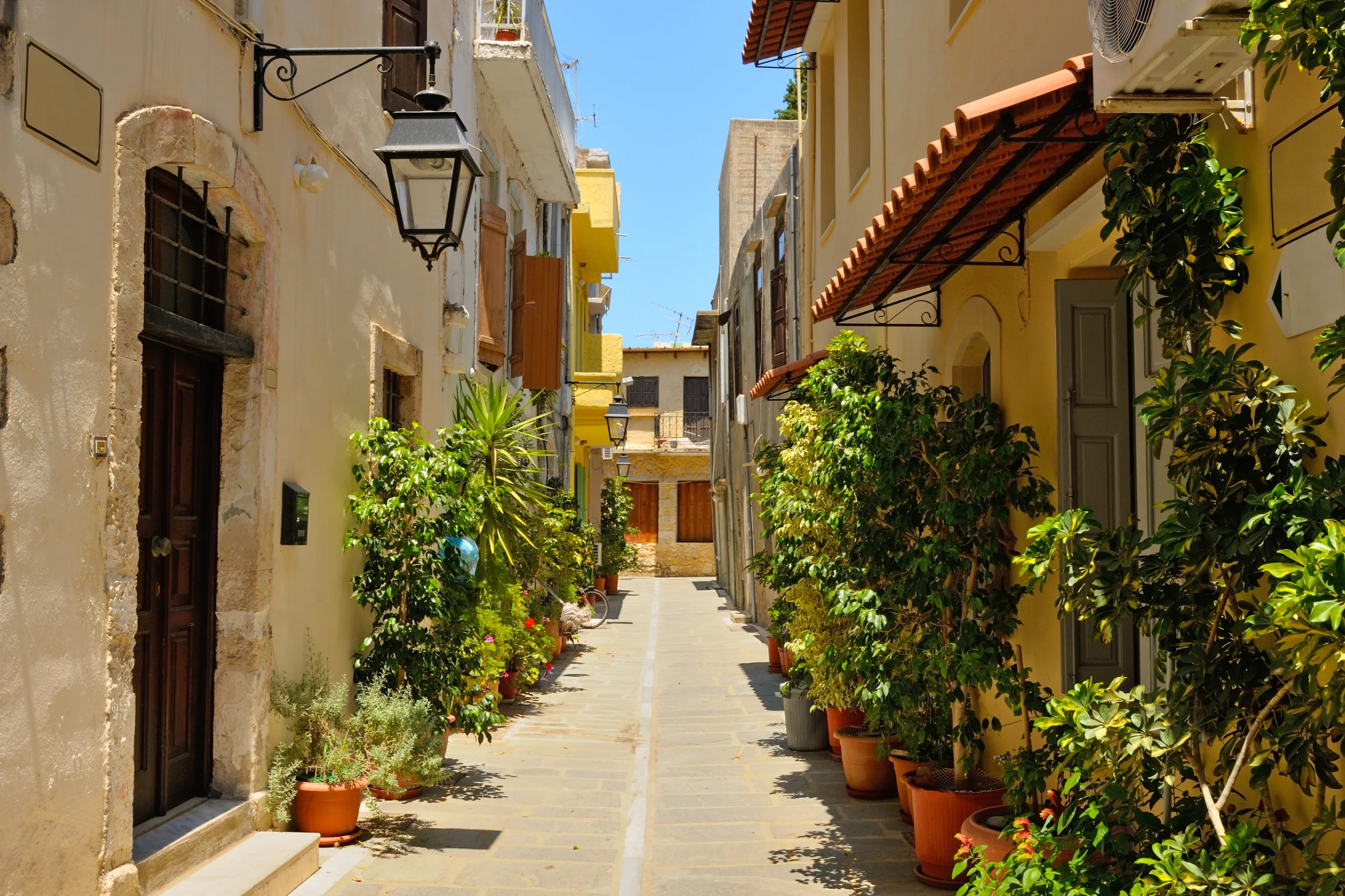 Typical narrow street in city of Rethymno, Crete, Greece