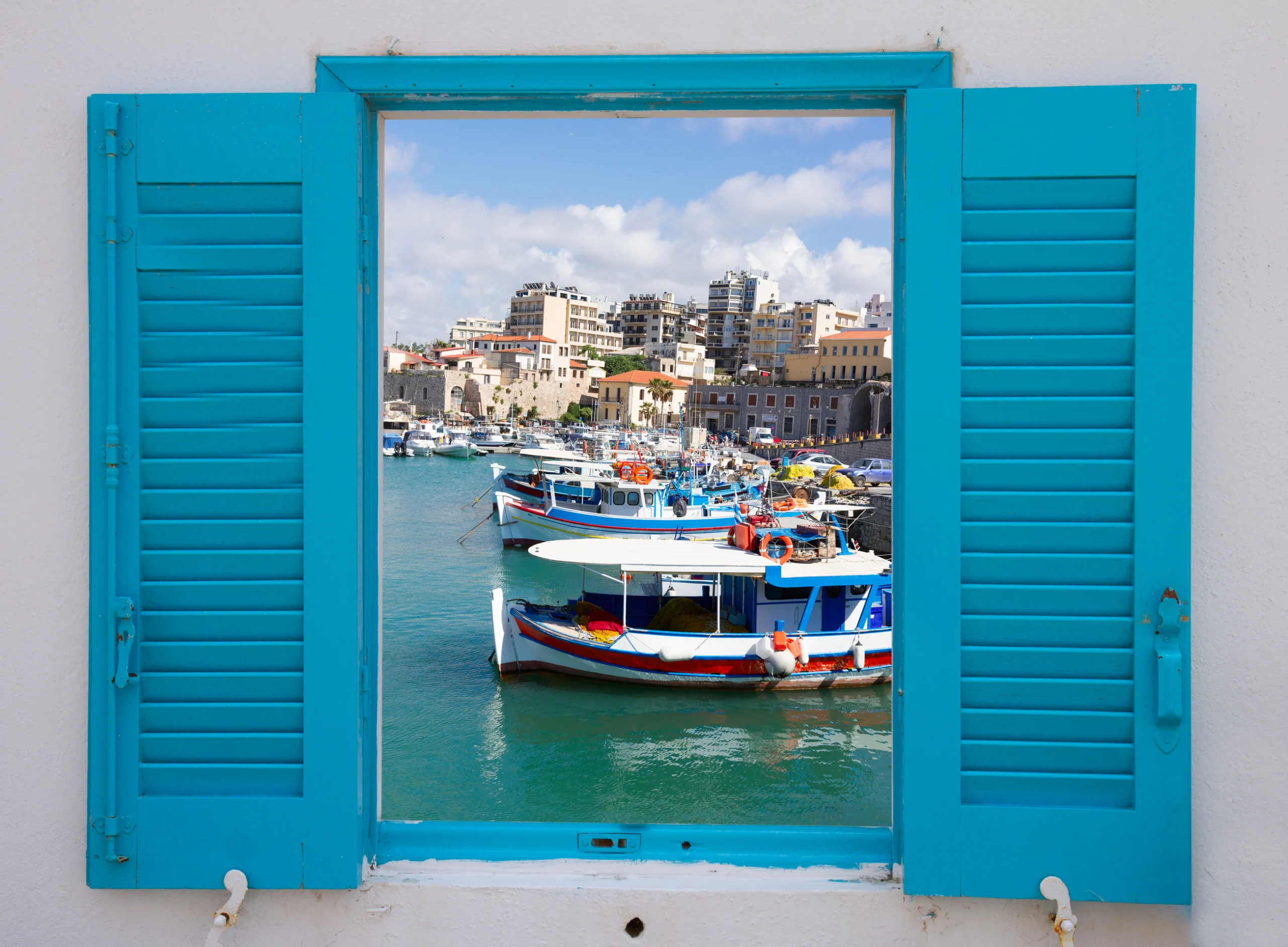 window with old port of Heraklion, Crete, Greece