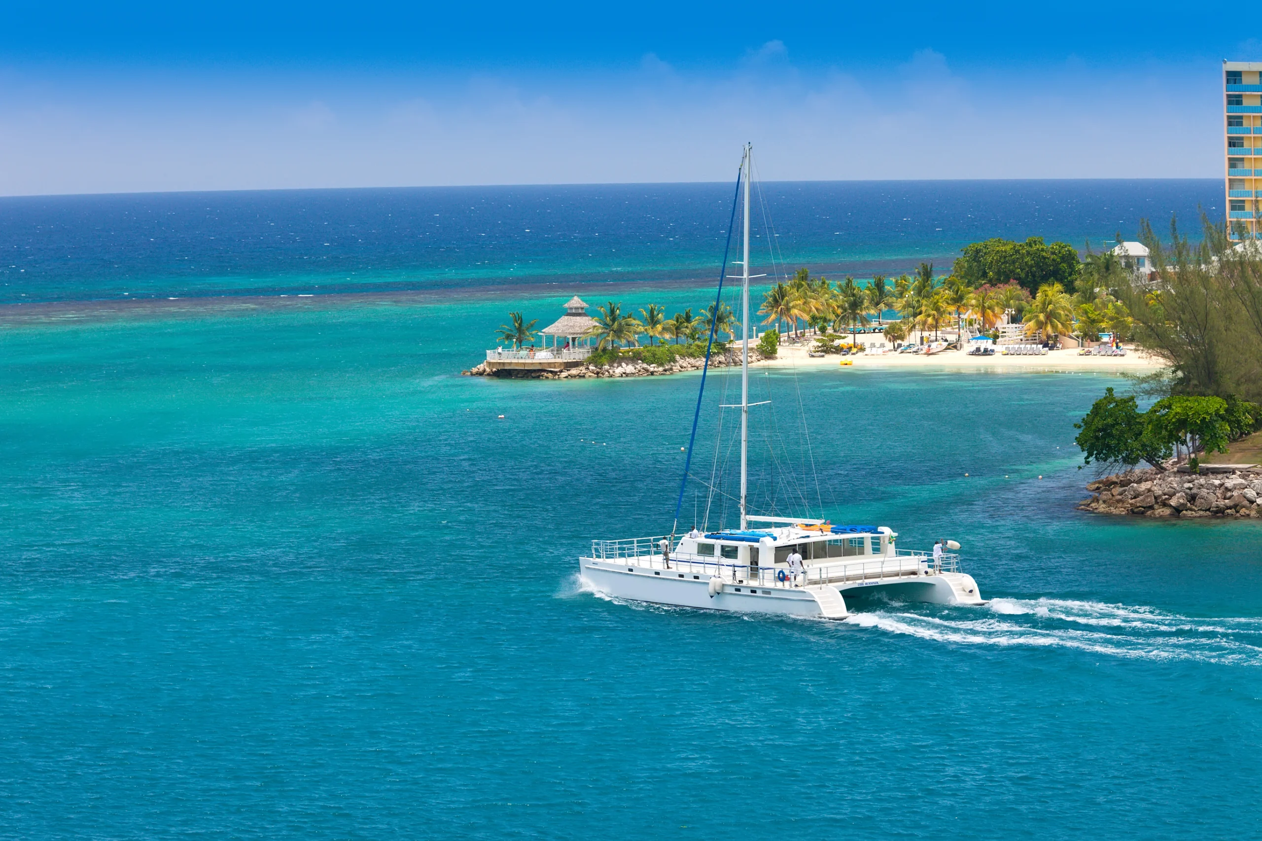 Large luxury catamaran yacht in Jamaica.