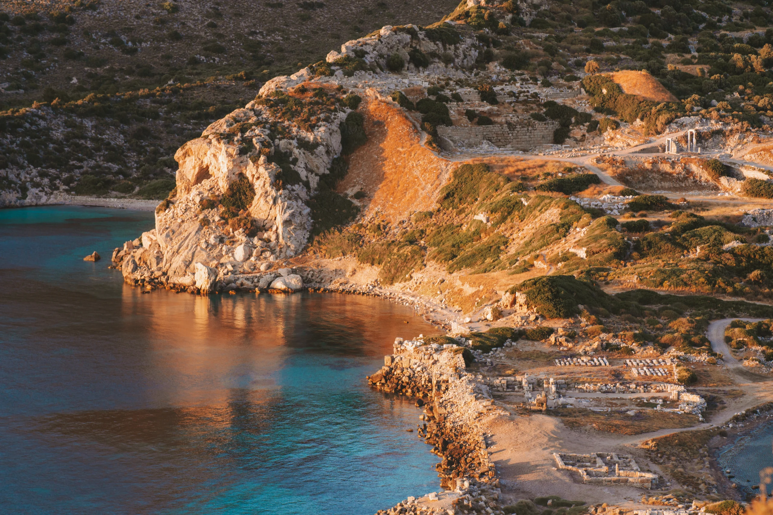 Aerial view Knidos ancient city ruins in mountains landscape in Turkey