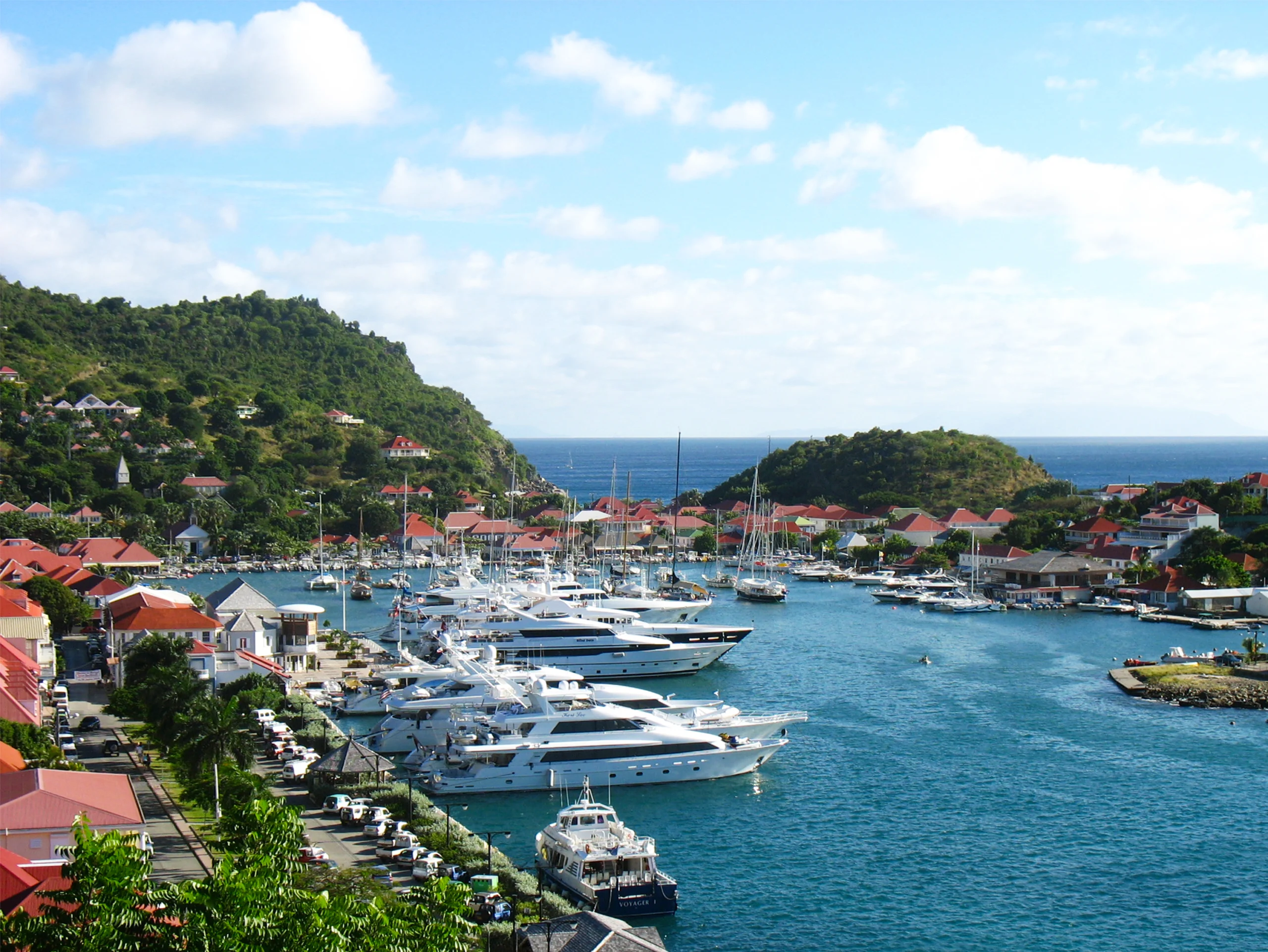 Aerial view at Gustavia Harbor with mega yachts at St Barts