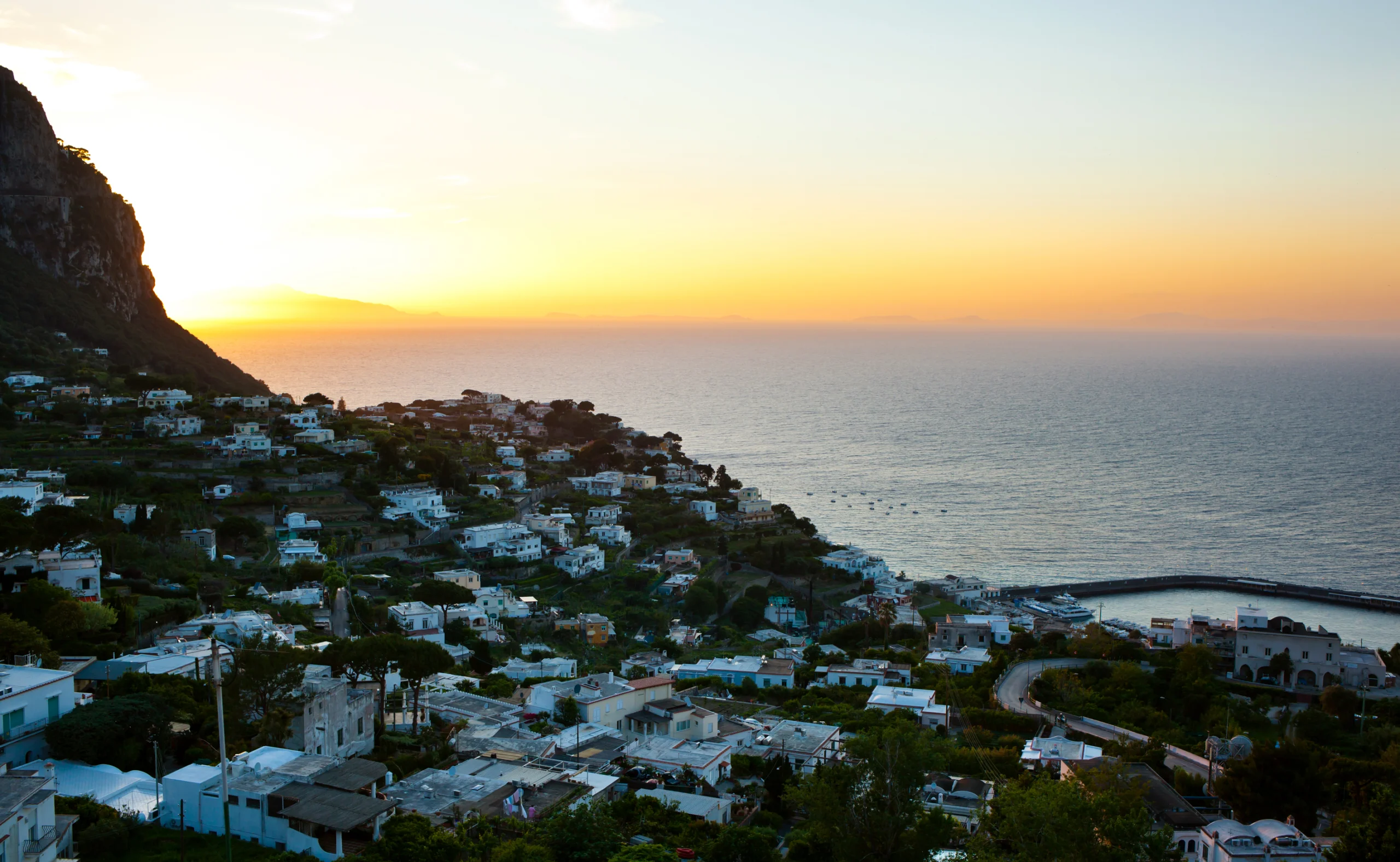 Capri sunset. Sunset on Capri Island with typical village