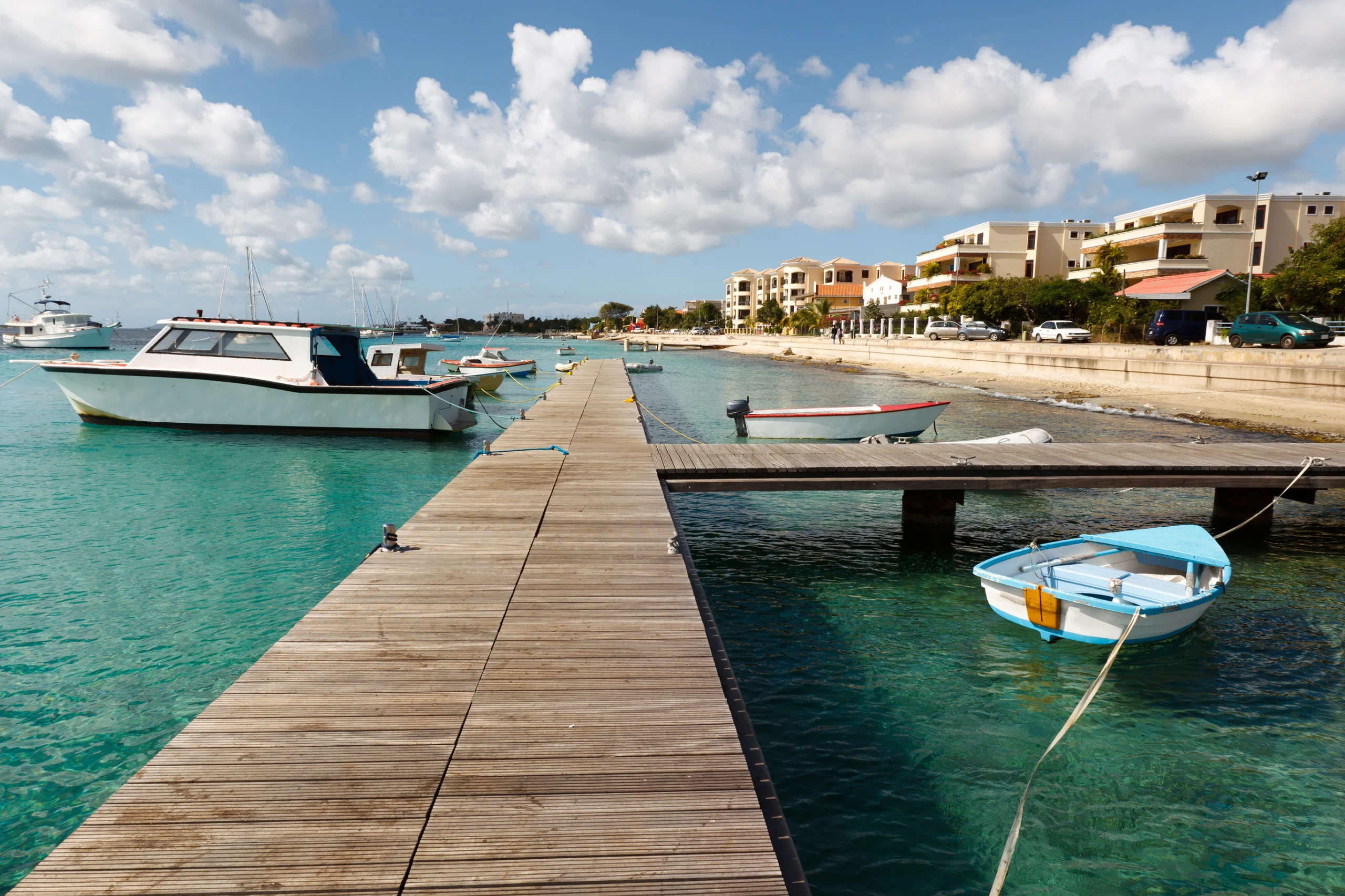 Coastline on west coast of Bonaire with view on harbor and Kralendijk the capital city of Bonaire
