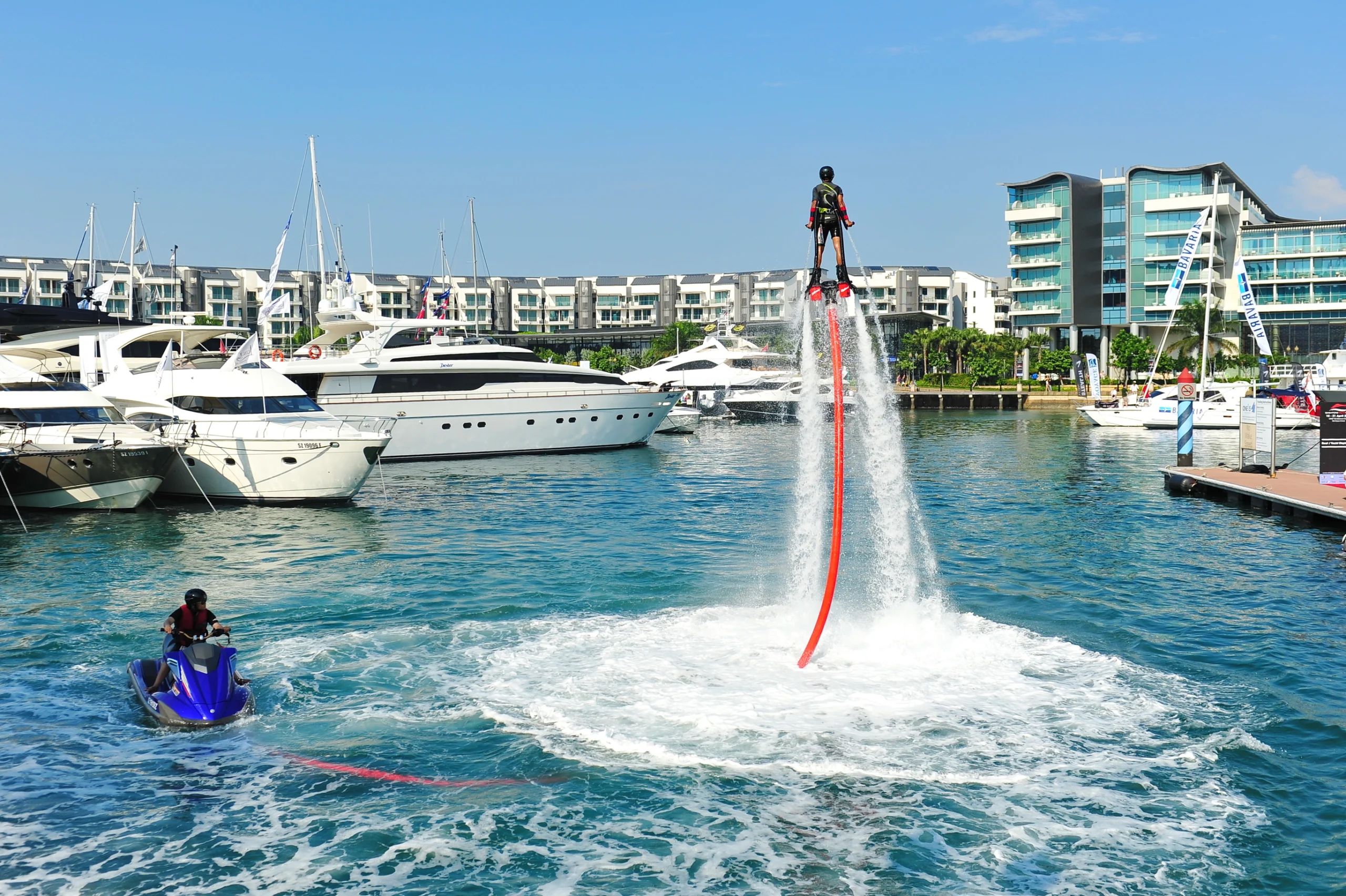 Demonstration of Zapata Racing water propelled flyboard at the Singapore Yacht Show 2013 at One Degree 15 Marina Club, Sentosa Cove April 20, 2013 in Singapore