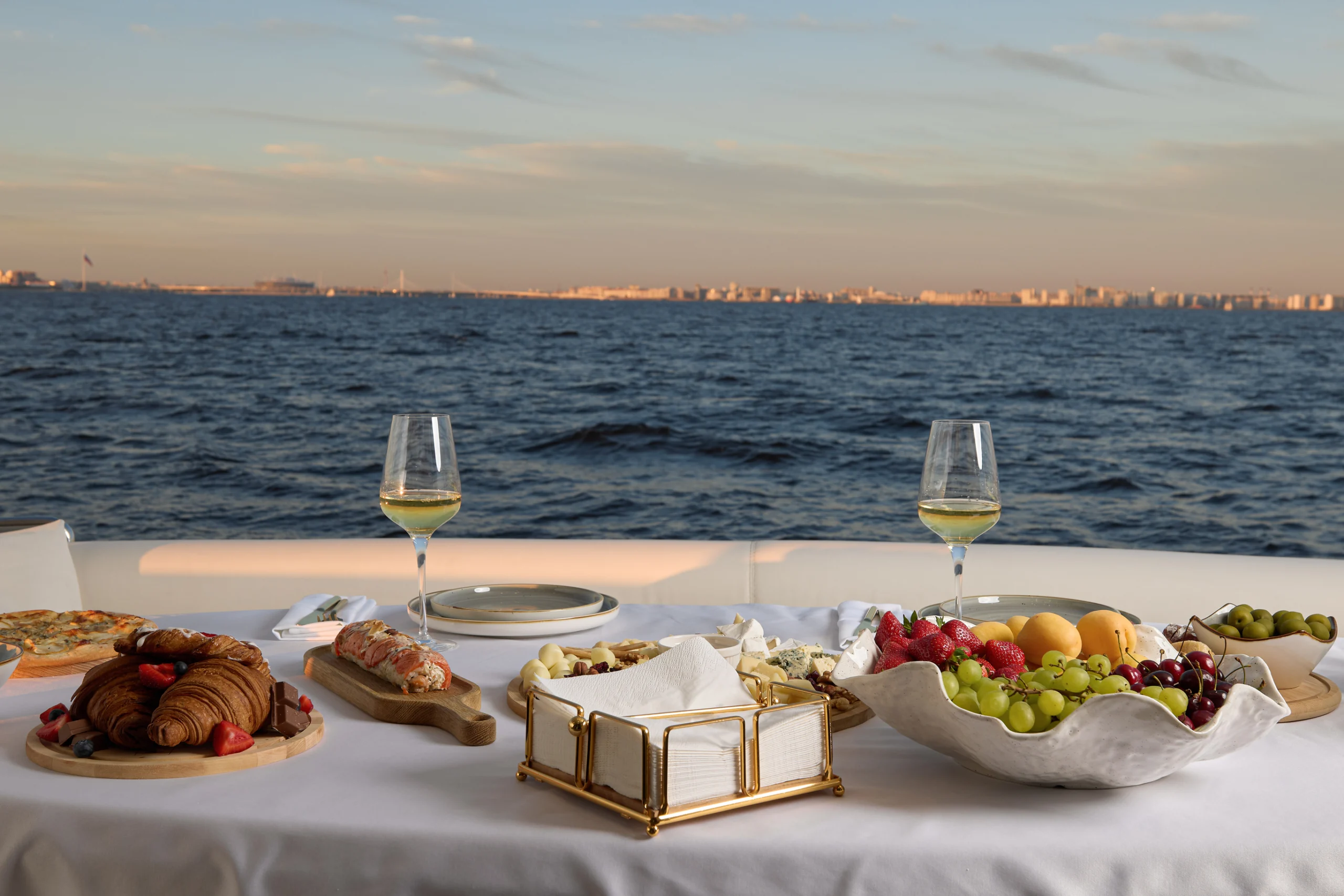 A luxurious dining setup on a beautiful yacht