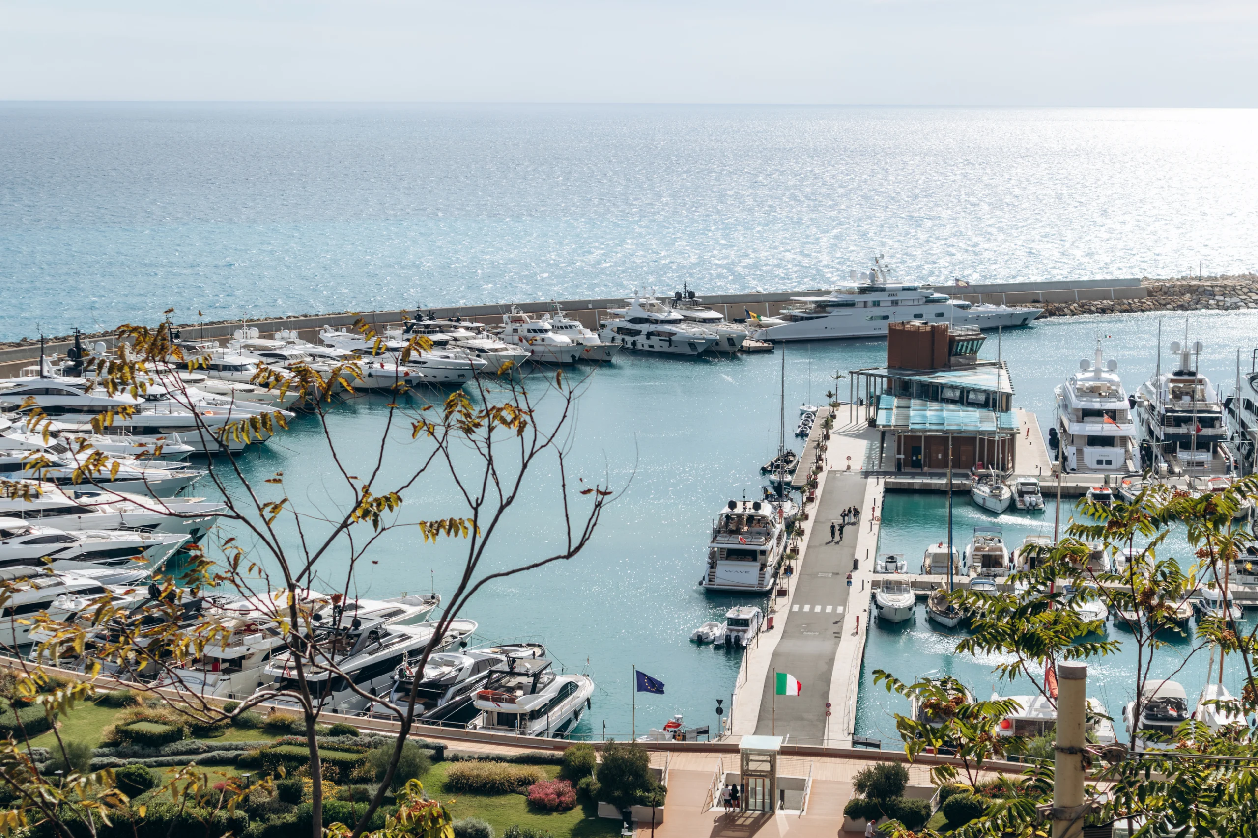 View of the Cala del Forte marina with luxury yachts in Ventimiglia on the Italian Riviera near the French border