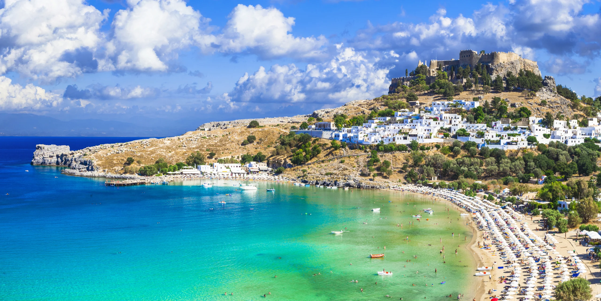 Panoramic view of Lindos bay, Rhodes, Greece