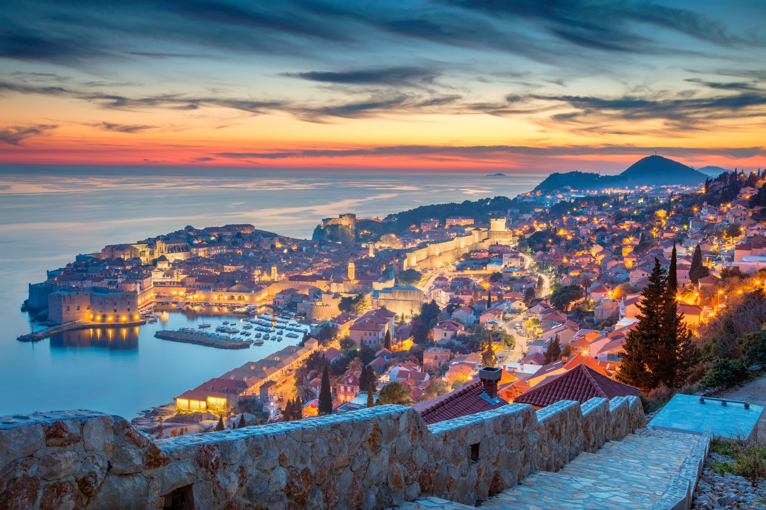 Beautiful romantic old town of Dubrovnik during sunset