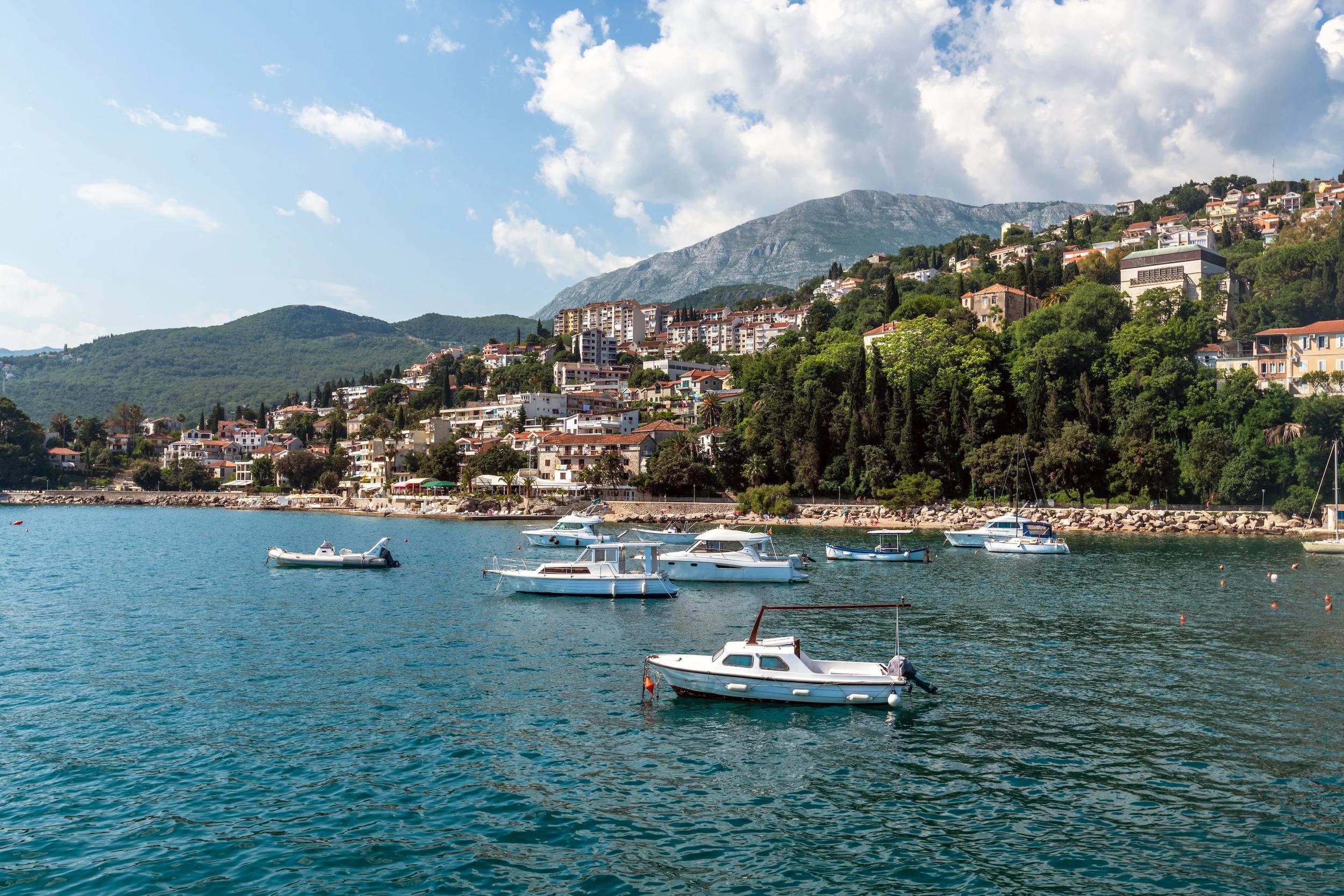 Yachts in port on background of the Herceg Novi, Montenegro